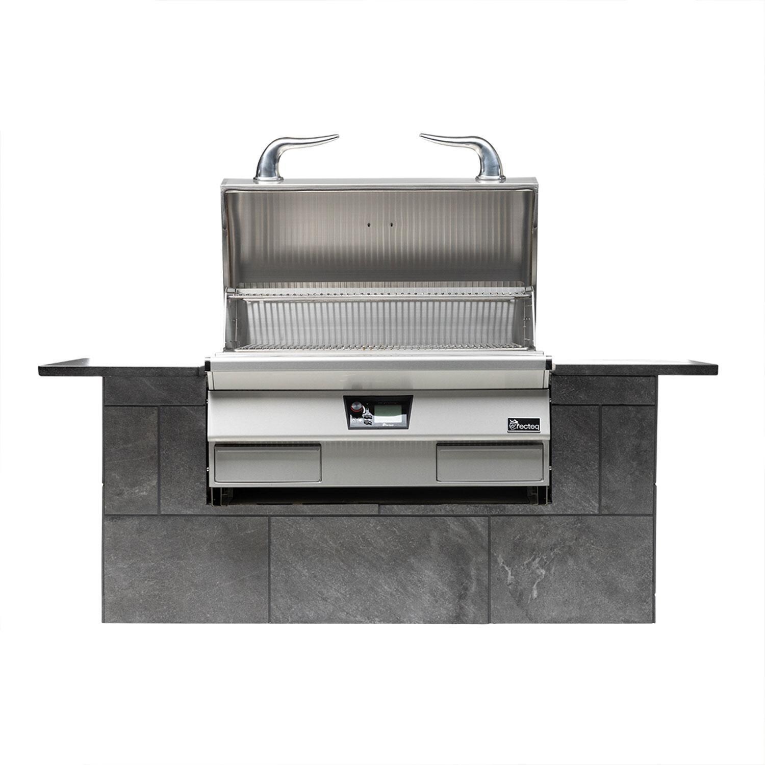 recteq RT-1300 E-Series Built-In 1300 Wood Pellet Grill - Lid Up - White Background
