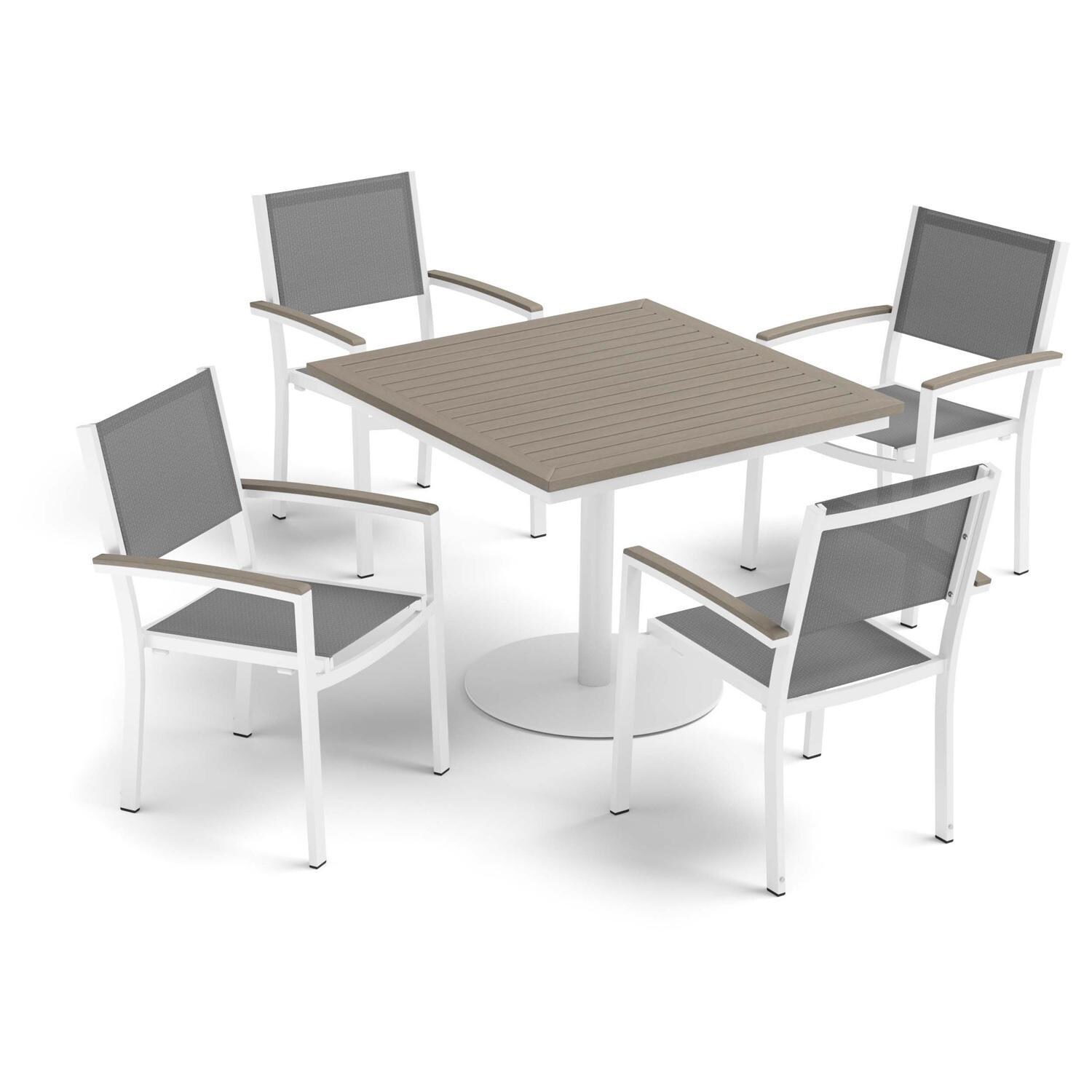Oxford Garden Travira 5 Pc Composite Sling & Aluminum Dining Set W/ Vintage Tekwood Arm Caps & Square Table Top in Chalk/Titanium - Top View thumbnail
