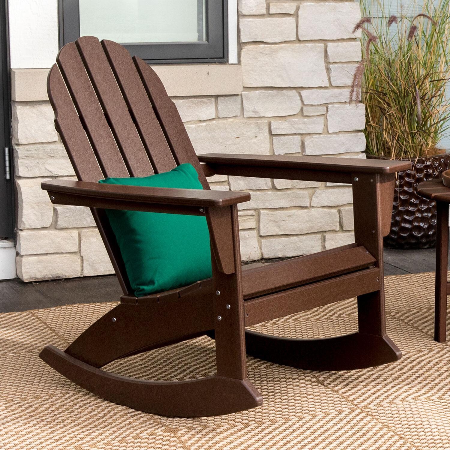 POLYWOOD ADR400BL Vineyard Adirondack Rocking Chair in Black - Back Patio - Shown in Mahogany finish - Lifestyle thumbnail