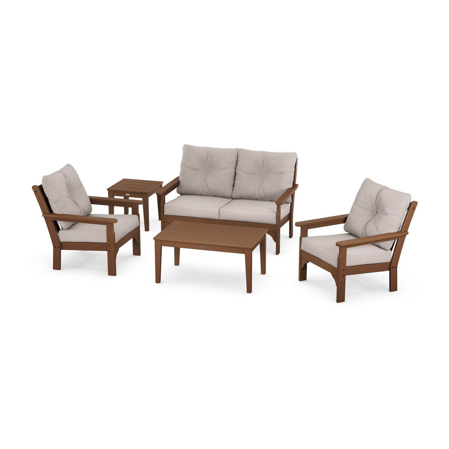 Vineyard 5 Pc Recycled Plastic Loveseat Seating Set in Teak/Dune Burlap by POLYWOOD