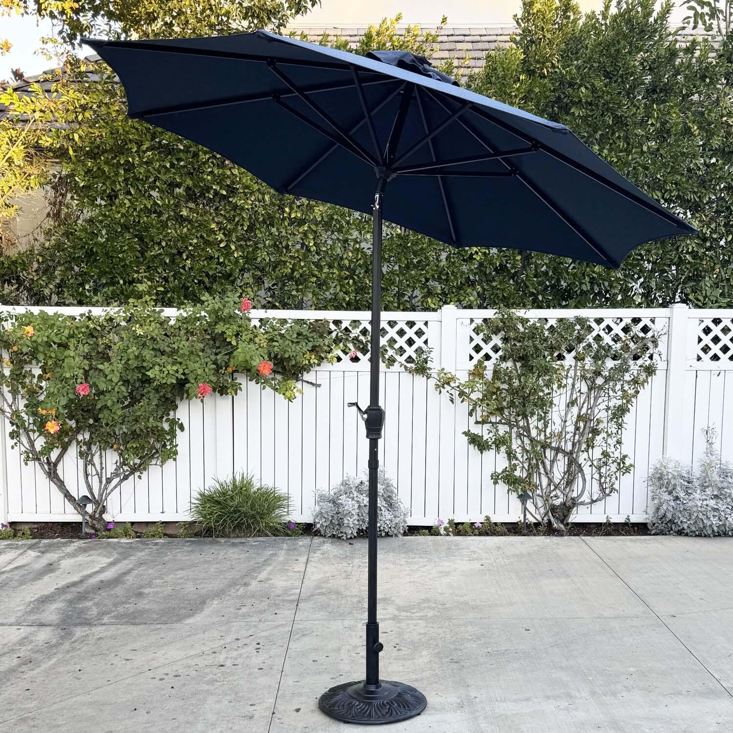 Darlee 9 Ft. Aluminum Bar Height Auto Tilt Patio Market Umbrella - Navy - Tilted - Lifestyle thumbnail