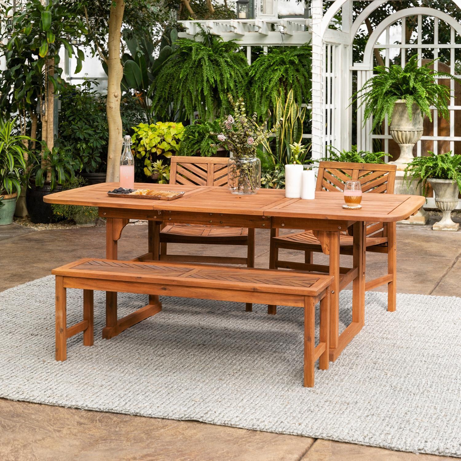 Walker Edison Vincent 4 Piece Acacia Patio Dining Set W/ 55-79 X 35 Inch Extension Rectangular Table - Brown image