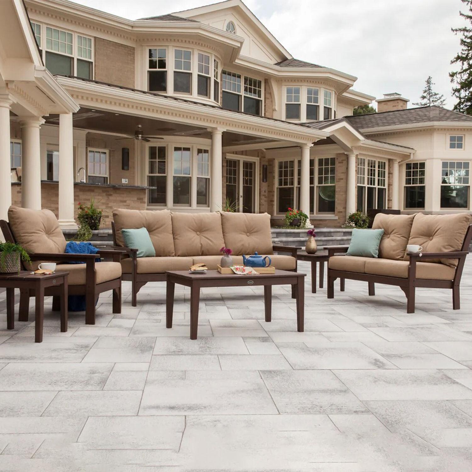 POLYWOOD Vineyard Slate Grey & Natural Linen 6-Piece Deep Seating Set - Back Patio - Shown in Mahogany/Spiced Burlap finish - Lifestyle thumbnail