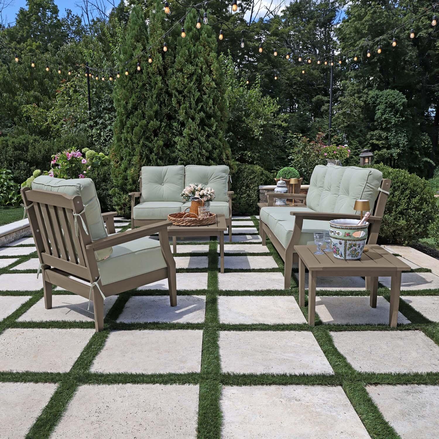 Blushing Bay 6 Pc Recycled Plastic Grand Seating Set in Canvas Seasalt/Woodland Brown by Lakeview Outdoor Designs - Side View - Lifestyle thumbnail