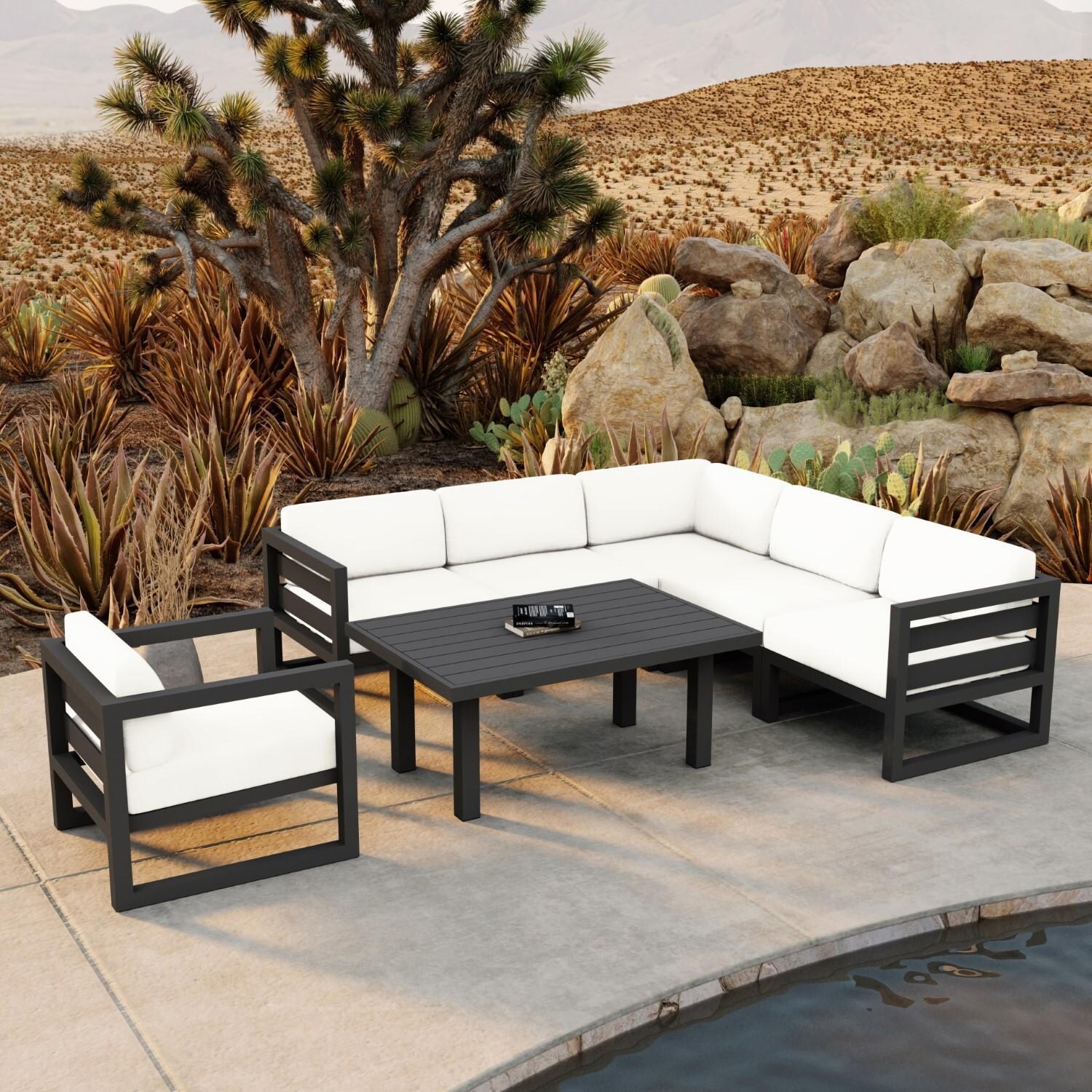 Lakeview MSTYCV-SL-SET212-CN Misty Cove 7 Pc Aluminum Sectional Set in Slate w/Chat Table & Canvas Natural Cushions by Lakeview Outdoor Designs - By the Pool - Lifestyle thumbnail