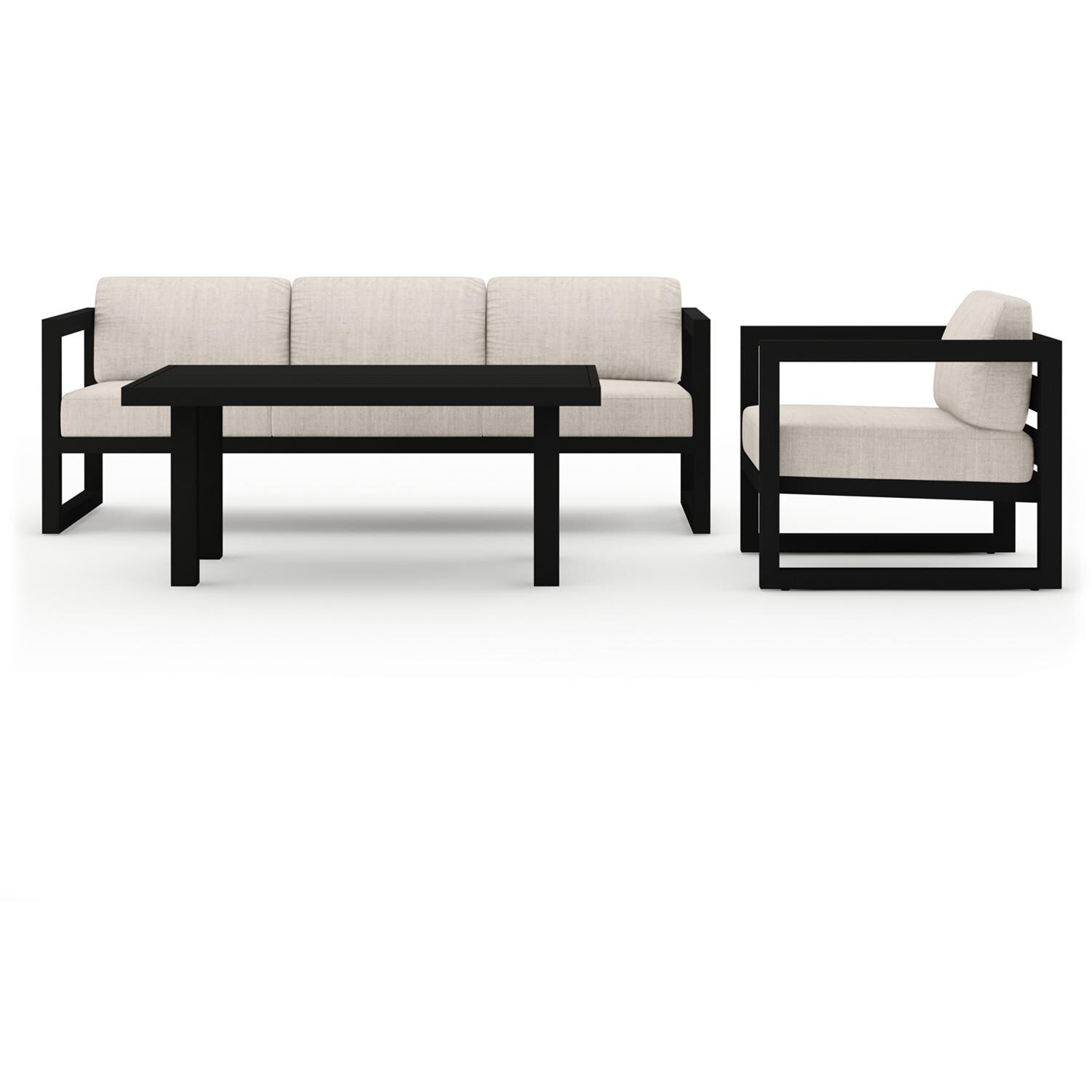 Misty Cove 3 Pc Aluminum Seating Set w/ Sofa & Classic Chat Table in Black/Cast Silver by Lakeview Outdoor Designs