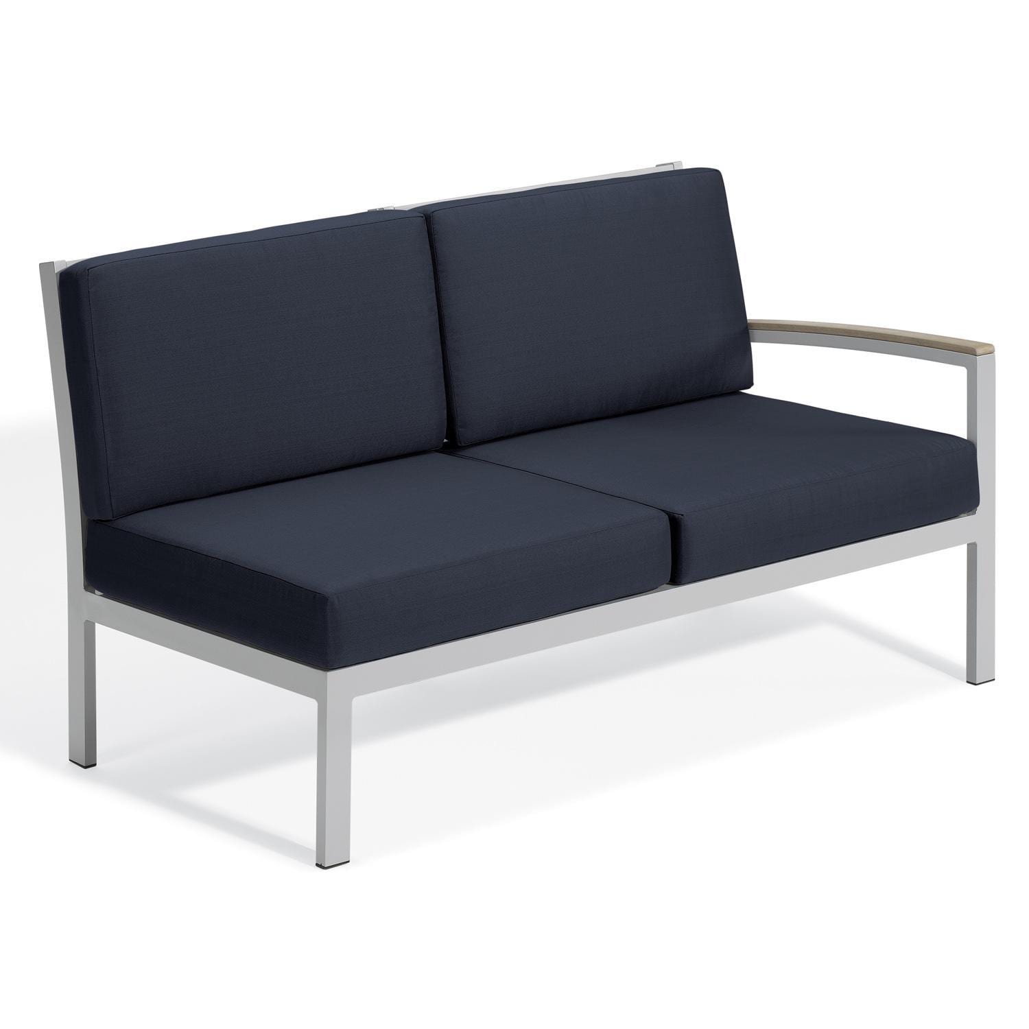 Oxford Garden Travira Aluminum Sectional Right Arm Loveseat w/ Vintage Tekwood Arm Caps in Flint/Midnight Blue by - TVLSL-MB-AC.V-PC.F
