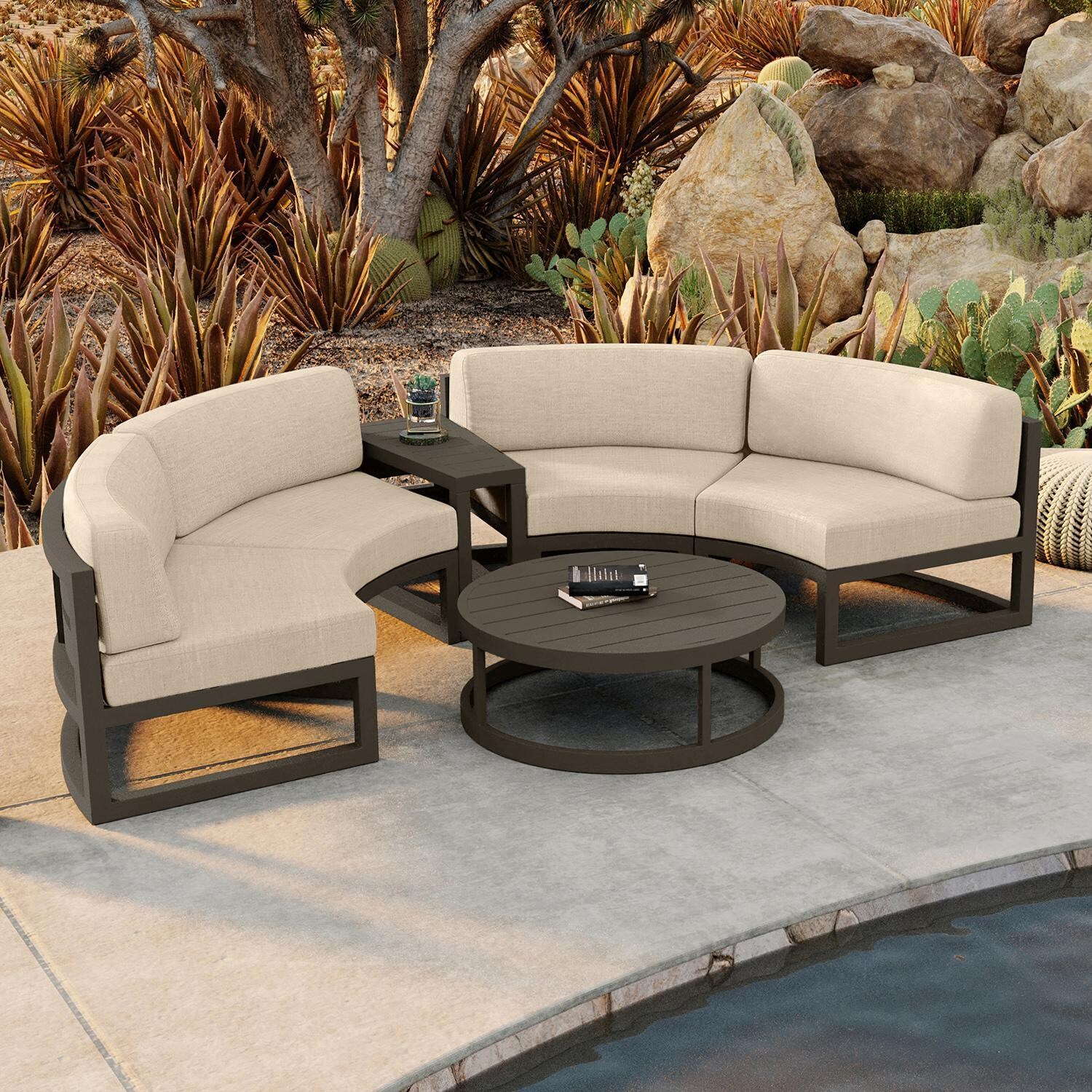 Misty Cove 4 Piece Curve Sectional Set in Slate w/Coffee Table & Canvas Flax Cushions by Lakeview - By Pool - Lifestyle thumbnail