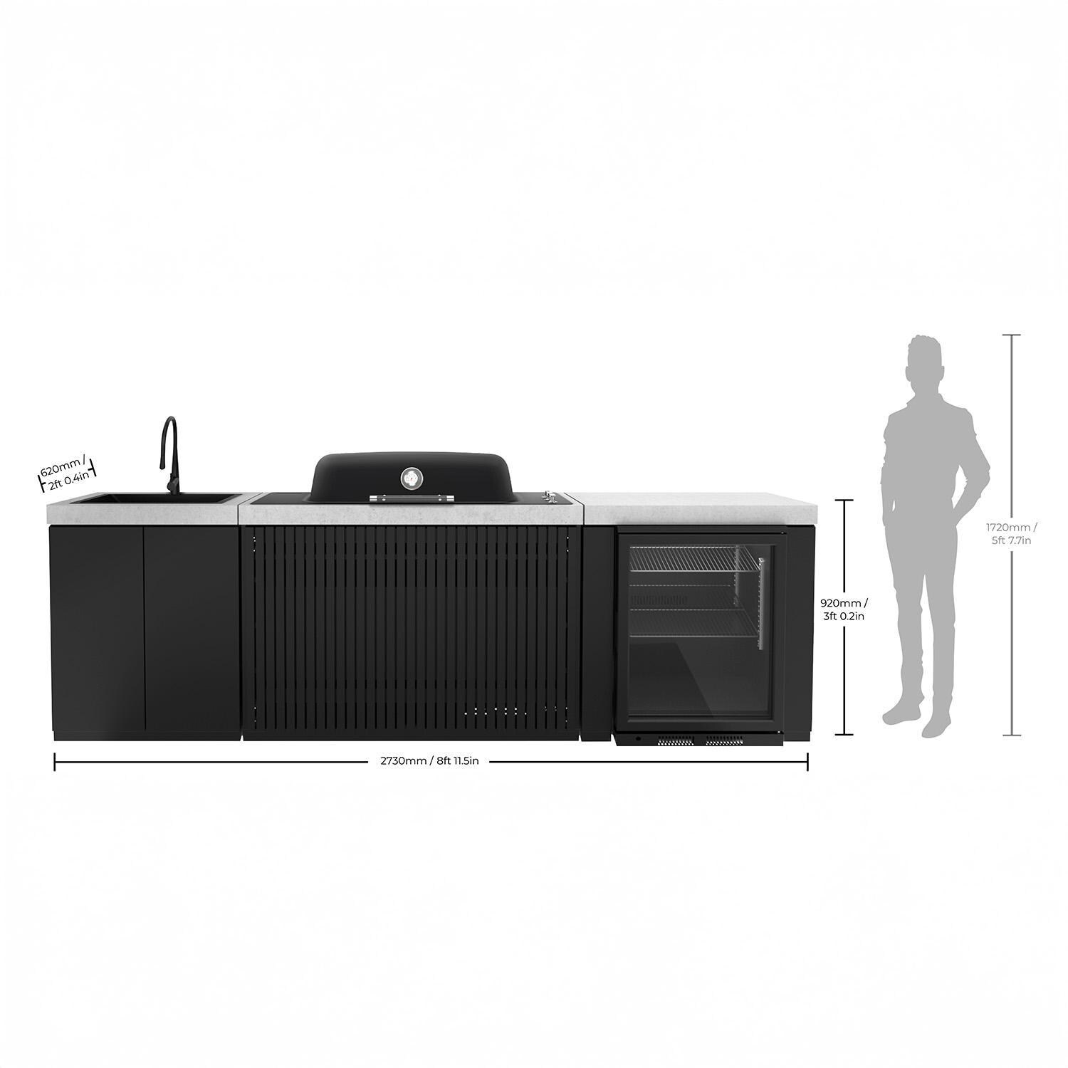 Everdure 9 Ft Outdoor Kitchen Island w/ Marine Grade Aluminum Cabinets in Black - Dimensions thumbnail