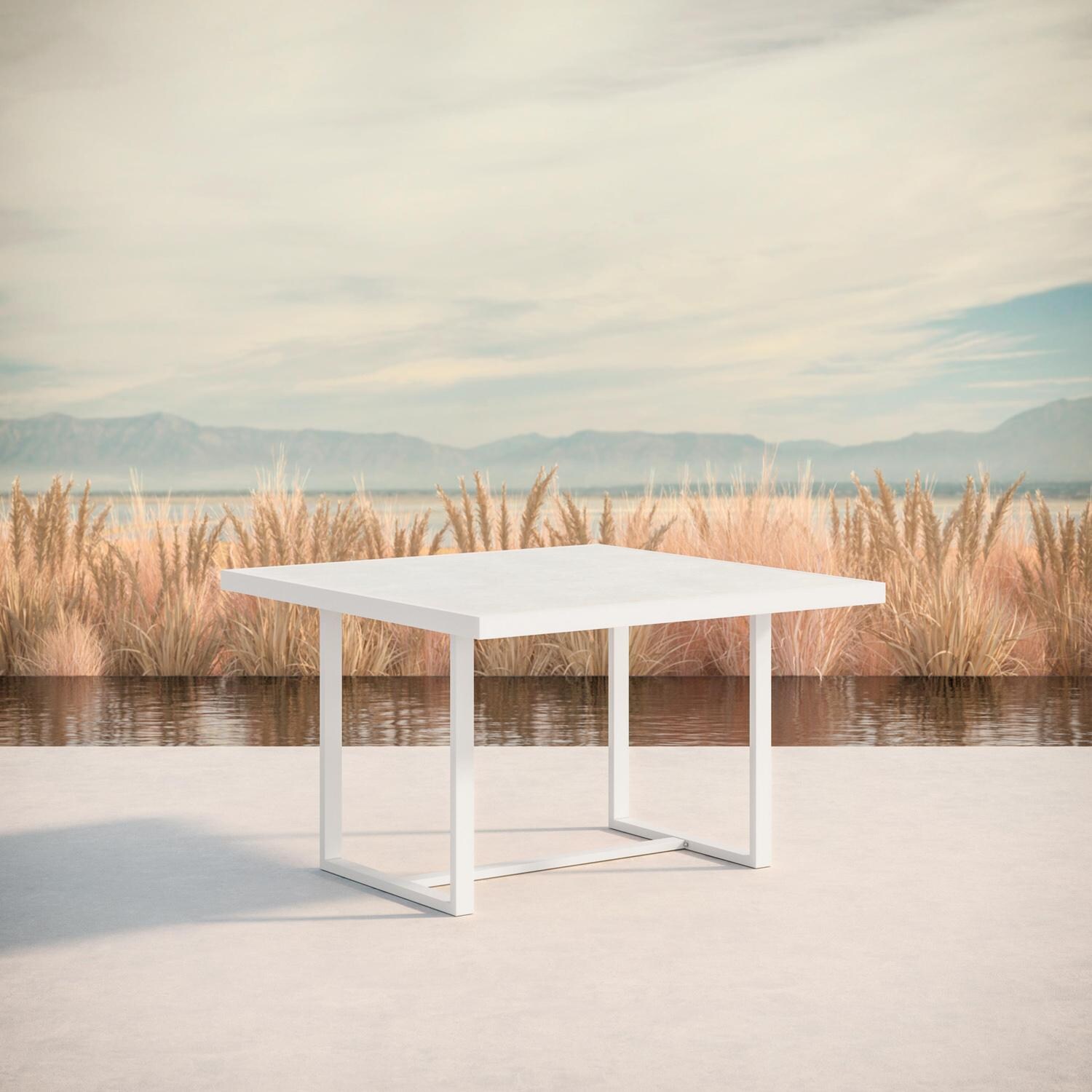 Azzurro Living Pavia 48 Inch White Aluminum Dining Table W/ Helena Dekton Top - Lifestyle thumbnail
