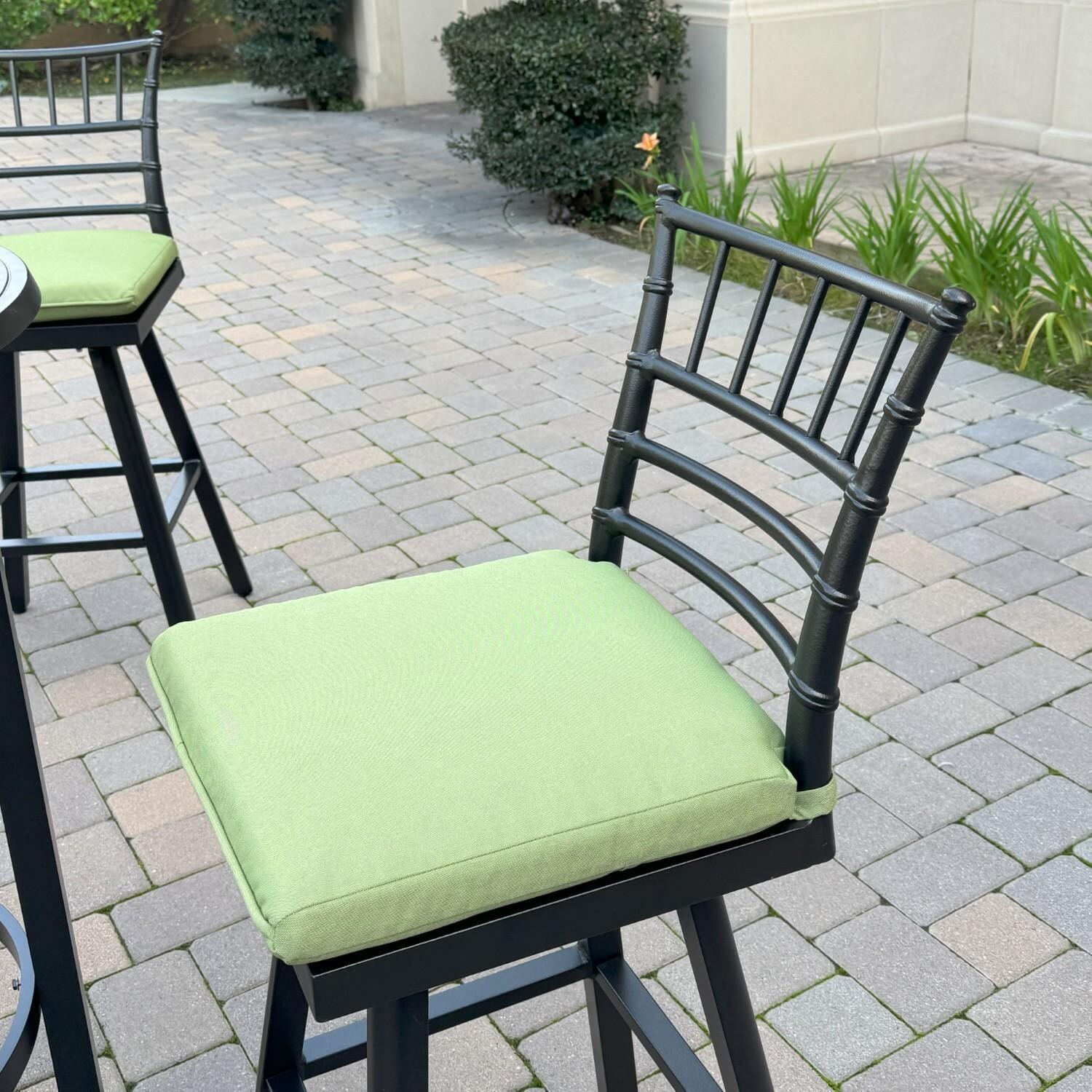 Bella 4 Pc Aluminum Swivel Counter Height Bar Stool Set in Green/Dark Brown by Darlee - Side View - Lifestyle thumbnail