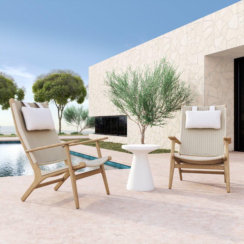 Sunset West Coastal Teak 3 Piece Patio Conversation Set W/ End Table & Sunbrella Canvas Canvas Cushions image