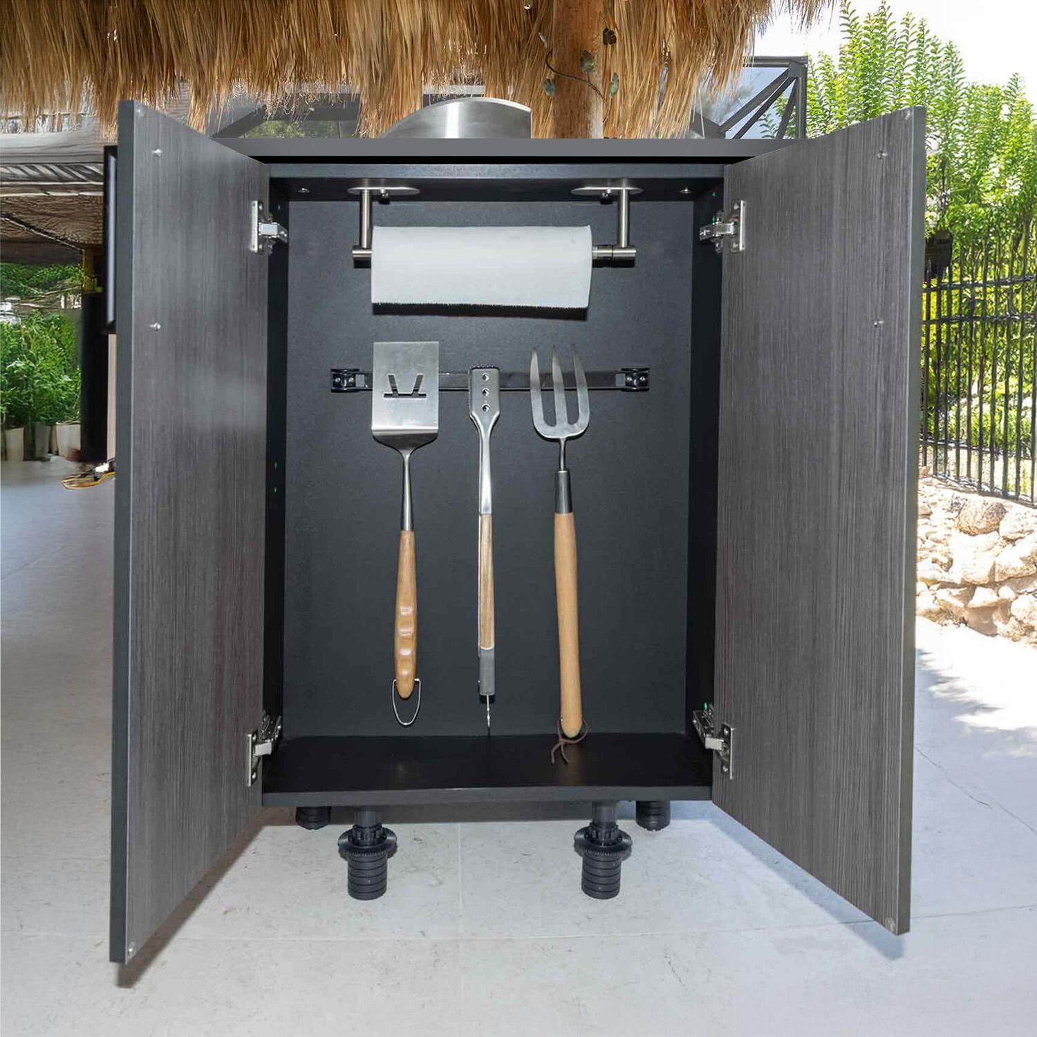 BBQGuys Signature Oasis 8 Ft Outdoor Kitchen Island w/ Blaze Propane Grill & Refrigerator in Grey Cedar/Lunar Grey - End Cap - Detail thumbnail