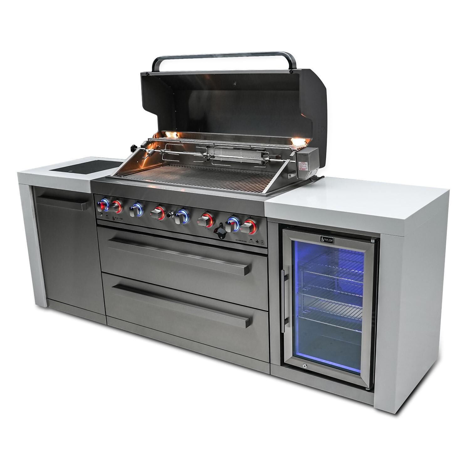 Mont Alpi MAi805-DFC Deluxe Propane Gas Island Grill W/ Refrigerator Cabinet - Open From Right - White Background