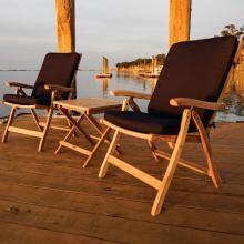 Estate 3 Piece Teak Patio Bistro Set W/ Reclining Arm Chairs And Sunbrella Canvas Navy Cushions By Royal Teak Collection image