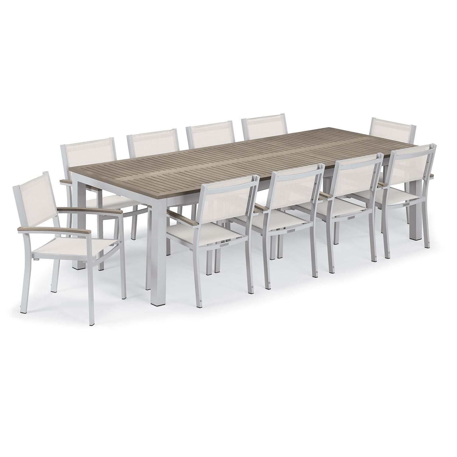 Oxford Garden 5883-PC.F Travira 11 Pc Aluminum Dining Set in Vintage Tekwood/ Natural Sling by Oxford Garden - Set - White Background thumbnail