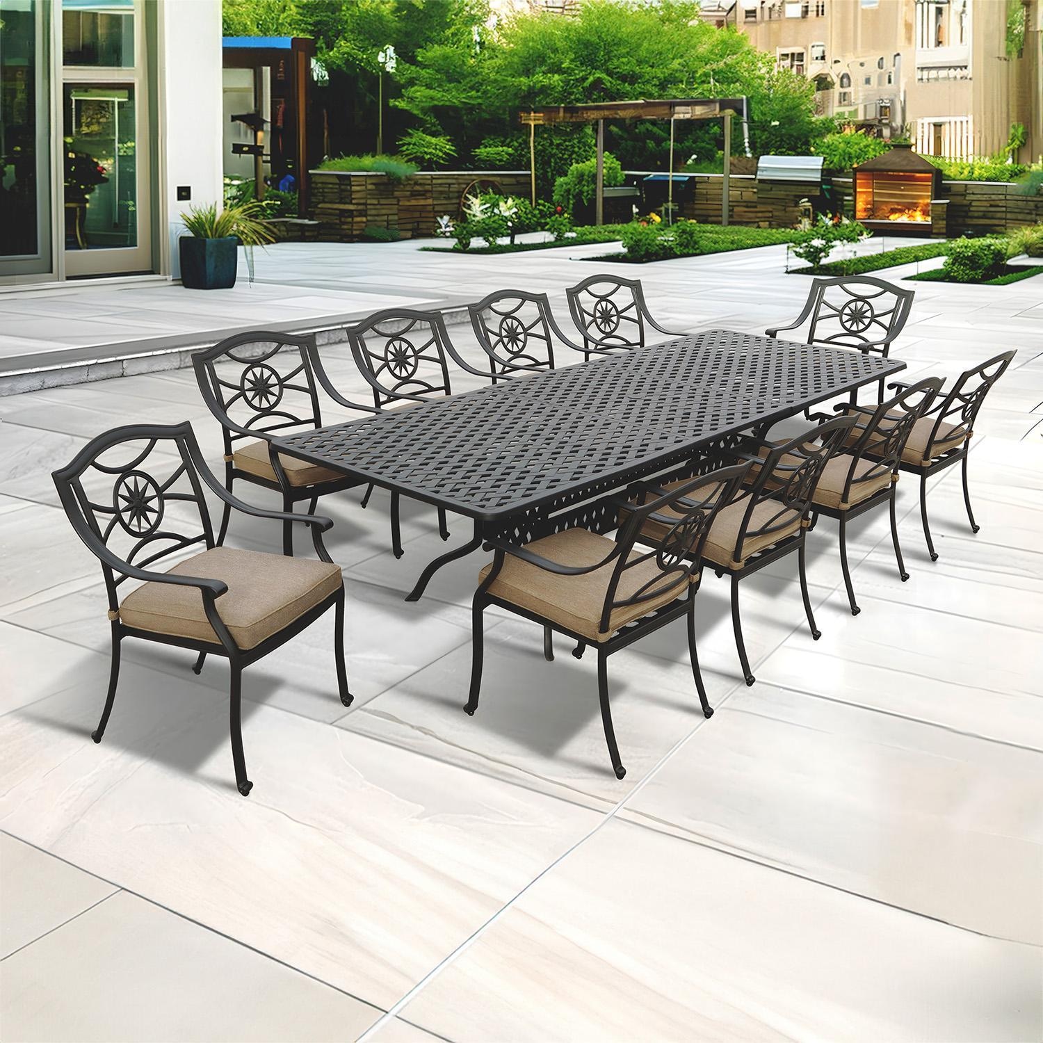 Darlee Ten Star 11 Pc Cast Aluminum Dining Set w/ 92 X 42 Inch Series 30 Extension Table in Antique Bronze/Sesame by - B/DL503-11PC-30LED