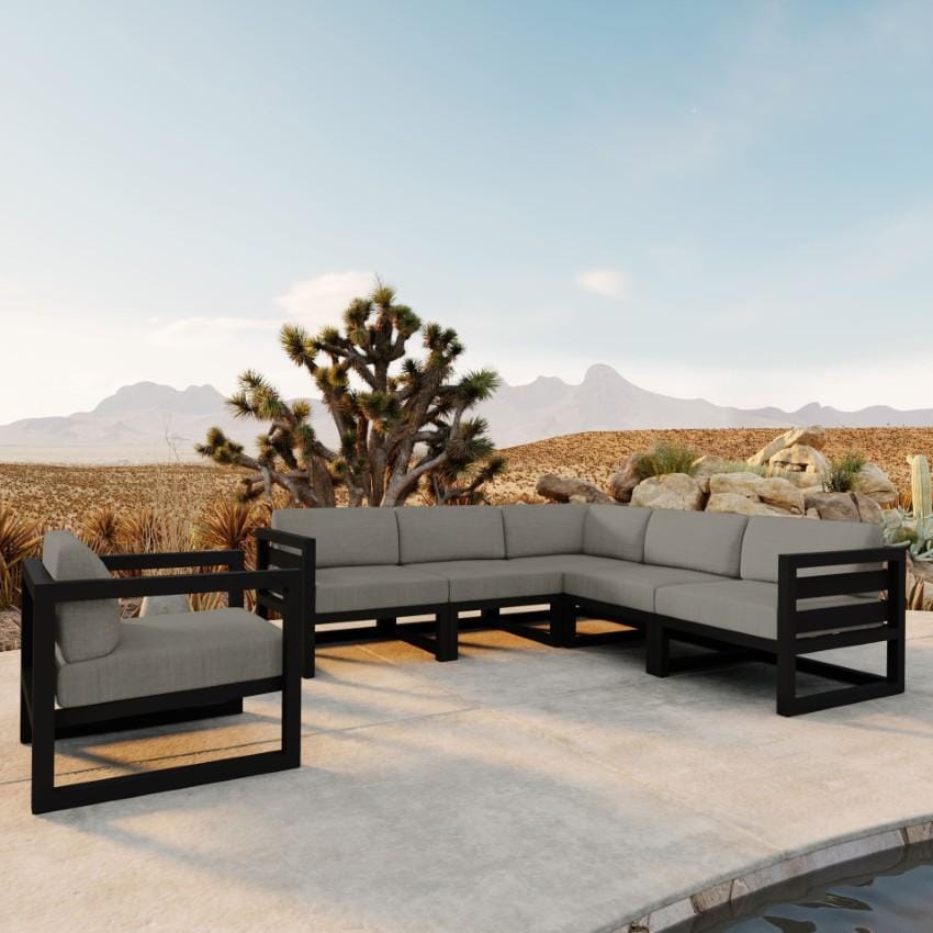 Lakeview Misty Cove 6 Pc Aluminum Sectional Set in Black w/Club Chair & Canvas Charcoal Cushions by Lakeview Outdoor Designs - On the Patio - Lifestyle thumbnail