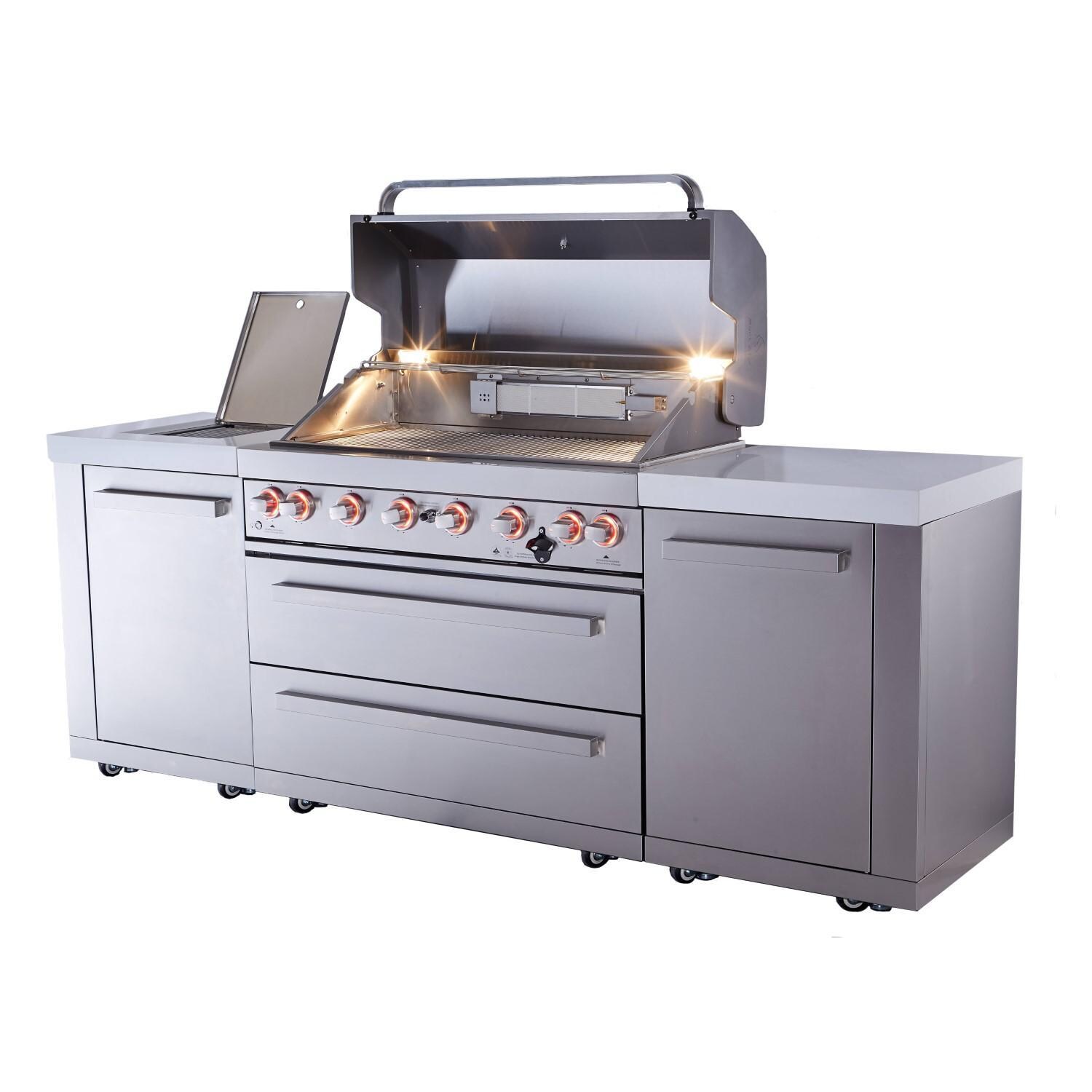 Mont Alpi - MAi805 - Grill Island - Stainless Steel - Open Burners On From Right - White Background thumbnail