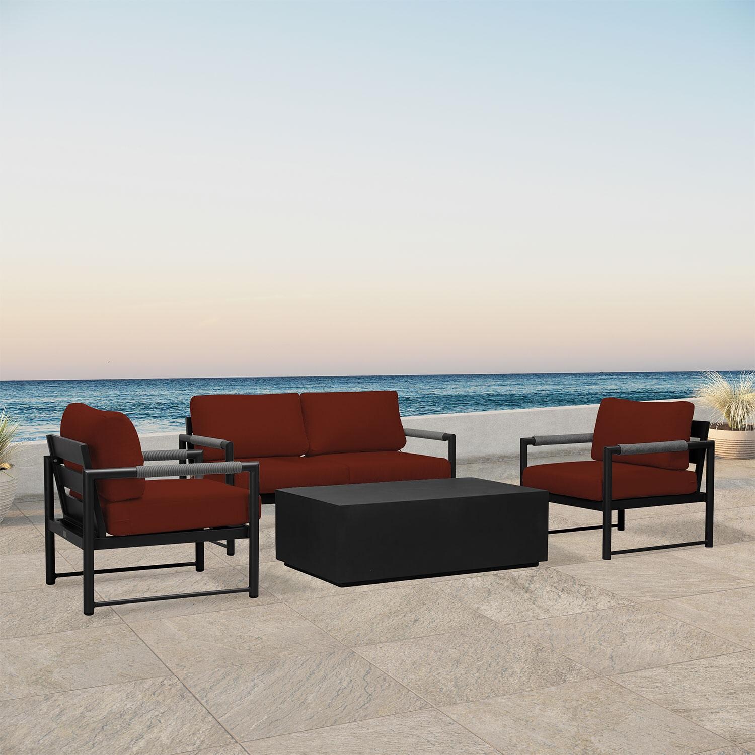 Lakeview AVEBAY-BK-CO-SET111-HN Avenue Bay Black/Carbon 5 Pc Loveseat Set - Canvas Henna - Angled On Patio - Lifestyle thumbnail