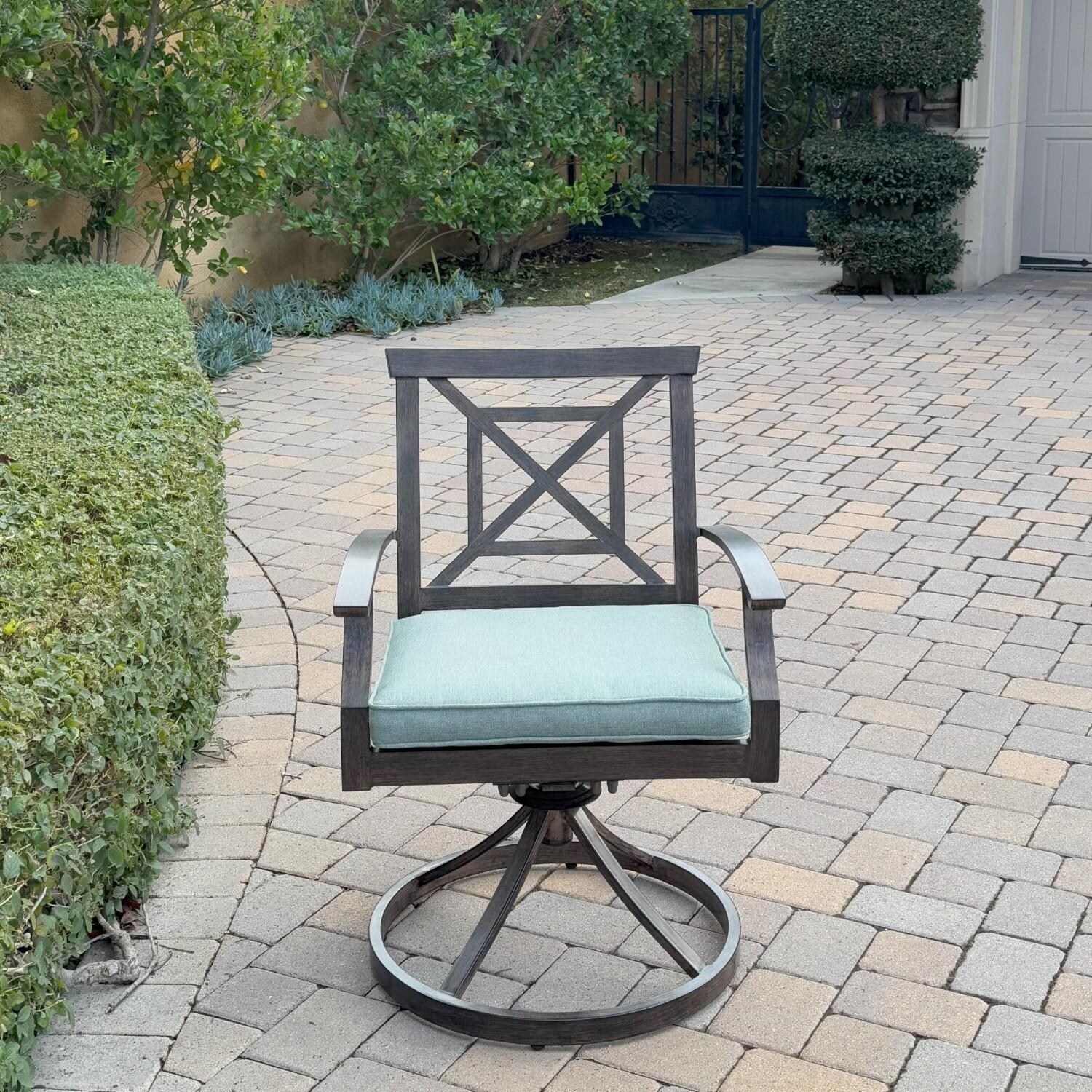 Atlantis 9 Pc Aluminum Dining Set w/ 4 Dining Side Chairs, 2 Swivel Rocker Dining Arm Chairs, 2 Two Person Benches & Extension Table in Walnut/Spa by Darlee - Swivel Chair - Lifestyle thumbnail