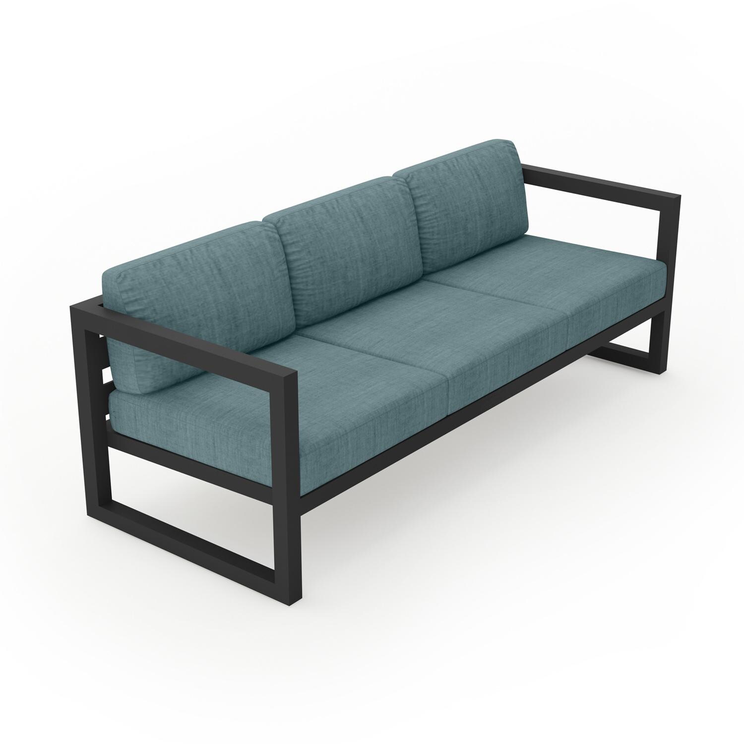 Lakeview MSTYCV-BK-S-CL Misty Cove 3 Person Aluminum Sofa in Black w/Cast Lagoon Cushions by Lakeview Outdoor Designs - Angled Front - White Background thumbnail