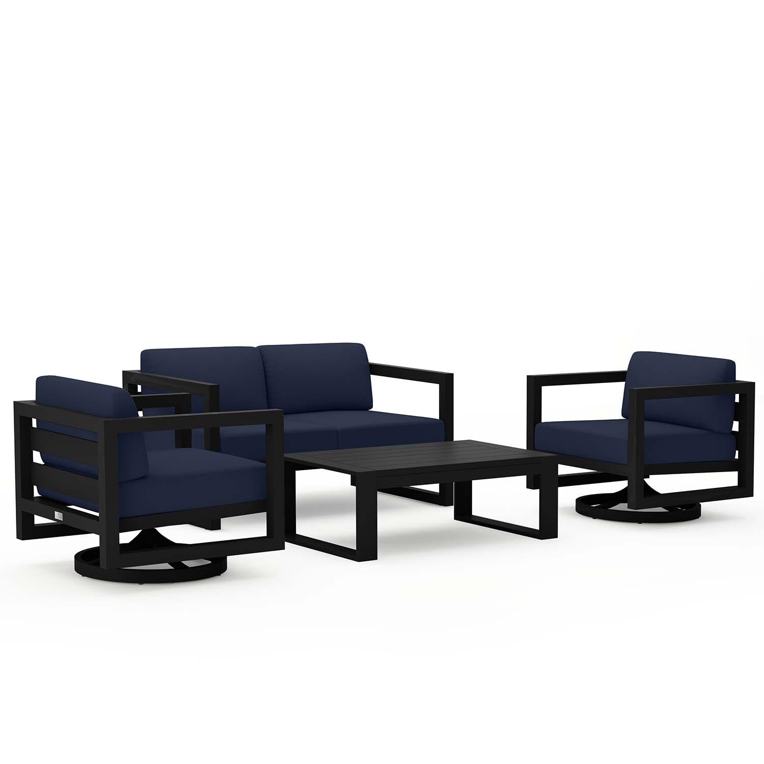 Misty Cove 4 Pc Aluminum Loveseat Seating Set w/ Swivel Chairs in Black/Spectrum Indigo by Lakeview Outdoor Designs - White Background thumbnail
