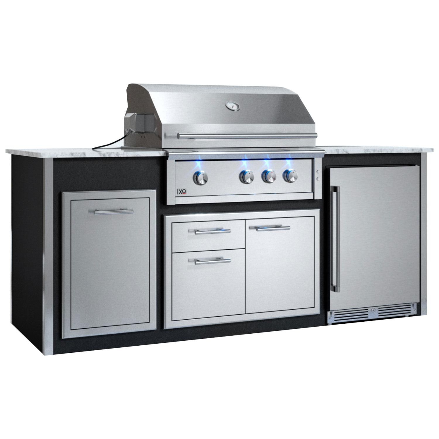 XO Designer 8 1/2 Ft Outdoor Kitchen Island w/ 36-in Natural Gas Pro-Grade Grill, Door & Drawer, Trash Drawer & Outdoor Refrigerator in Black