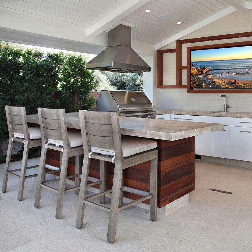 Laguna 3 Pc Set Patio Bar Stool W/ Sunbrella Canvas Flax Cushion By Sunset West - Outdoor Kitchen - Lifestyle thumbnail