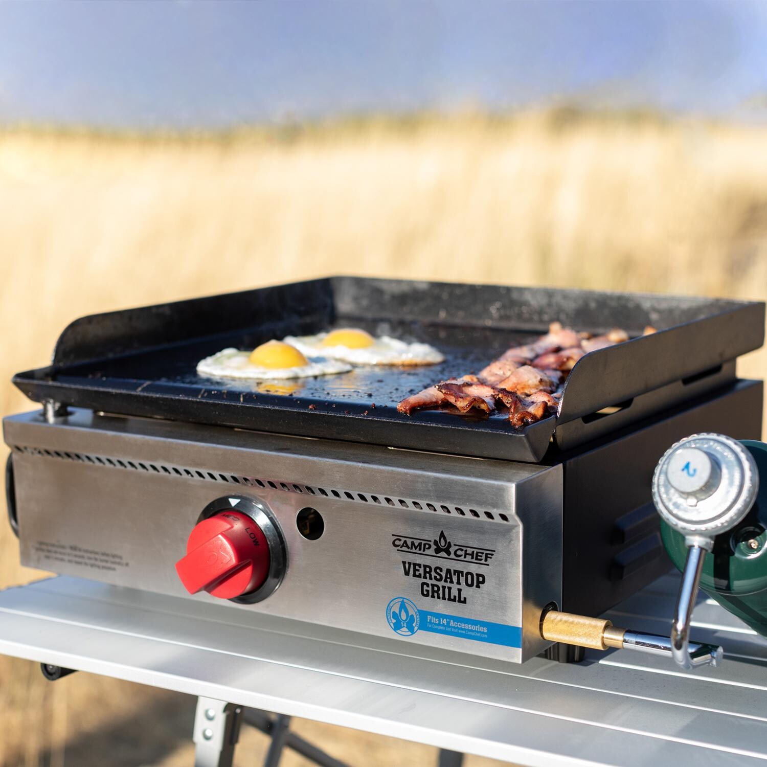 Camp Chef VersaTop 250 Single Burner Portable Flat Top Propane Gas Grill - Cooking Bacon & Eggs On The Griddle thumbnail