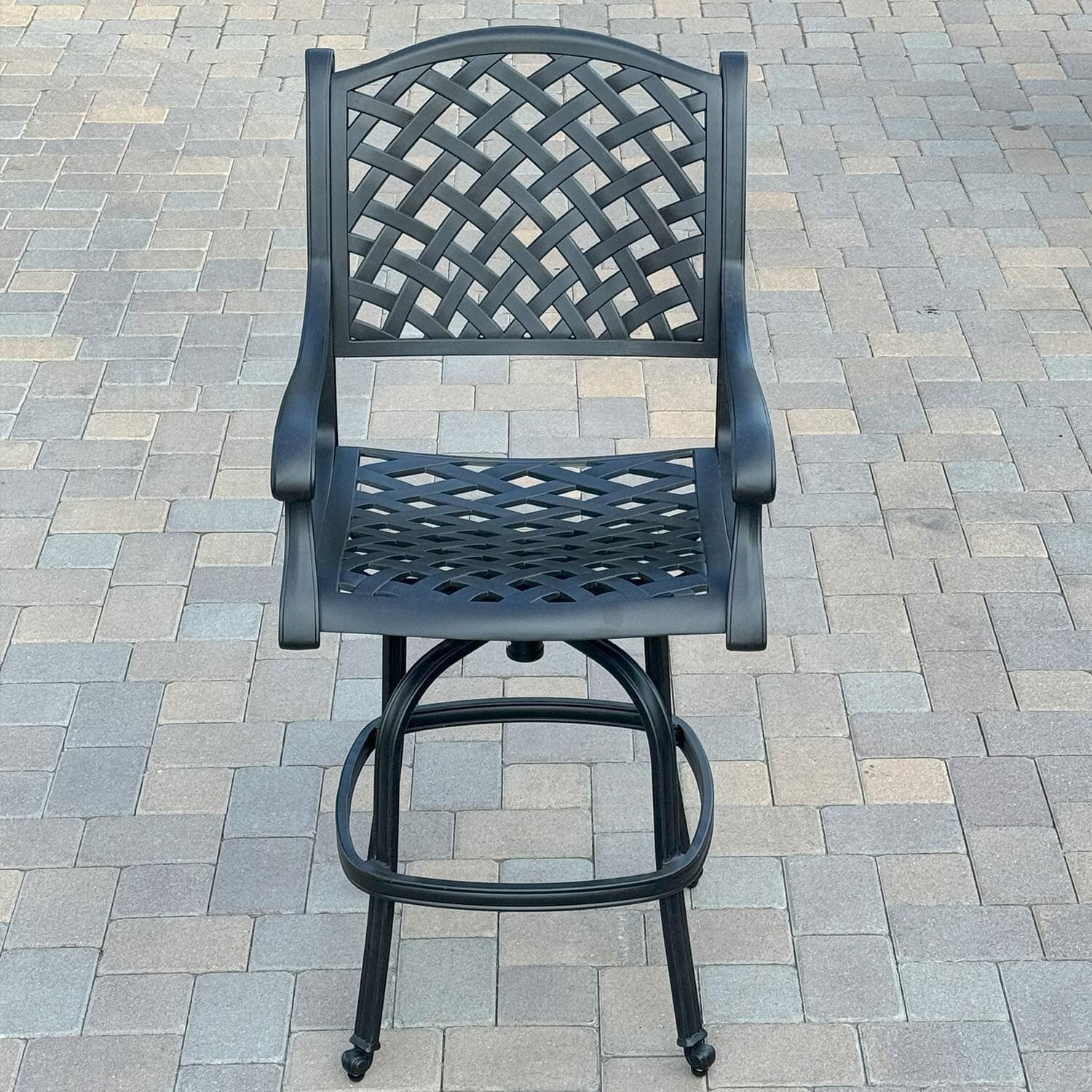 Nassau Cast Aluminum Swivel Bar Stool in Antique Bronze/Sky Blue by Darlee - Front View - Shown W/ No Cushion - Lifestyle thumbnail