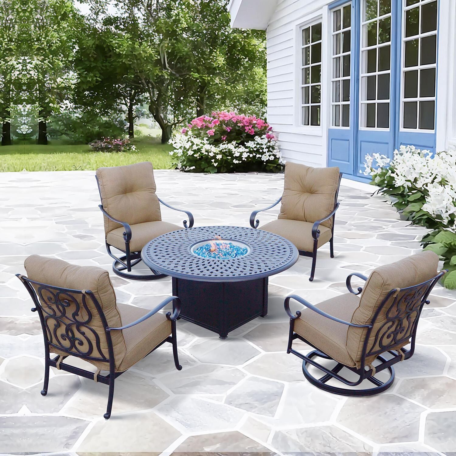 Santa Anita 5 Pc Cast Aluminum Seating Set w/ 52-in Signature Table in Antique Bronze/Heather Beige Sunbrella by Darlee