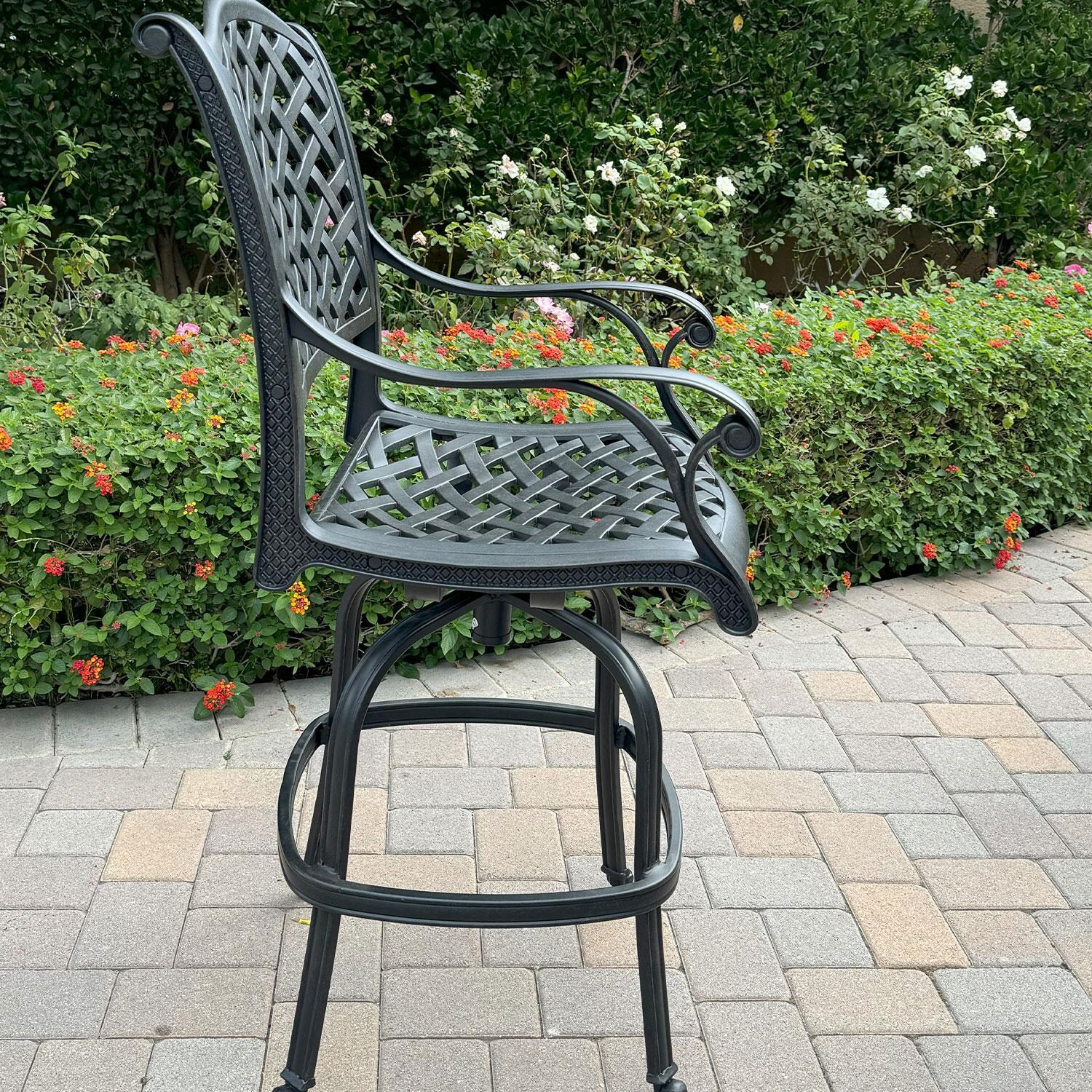 Nassau Cast Aluminum Swivel Bar Stool in Antique Bronze/Red by Darlee - Left Side - Lifestyle thumbnail