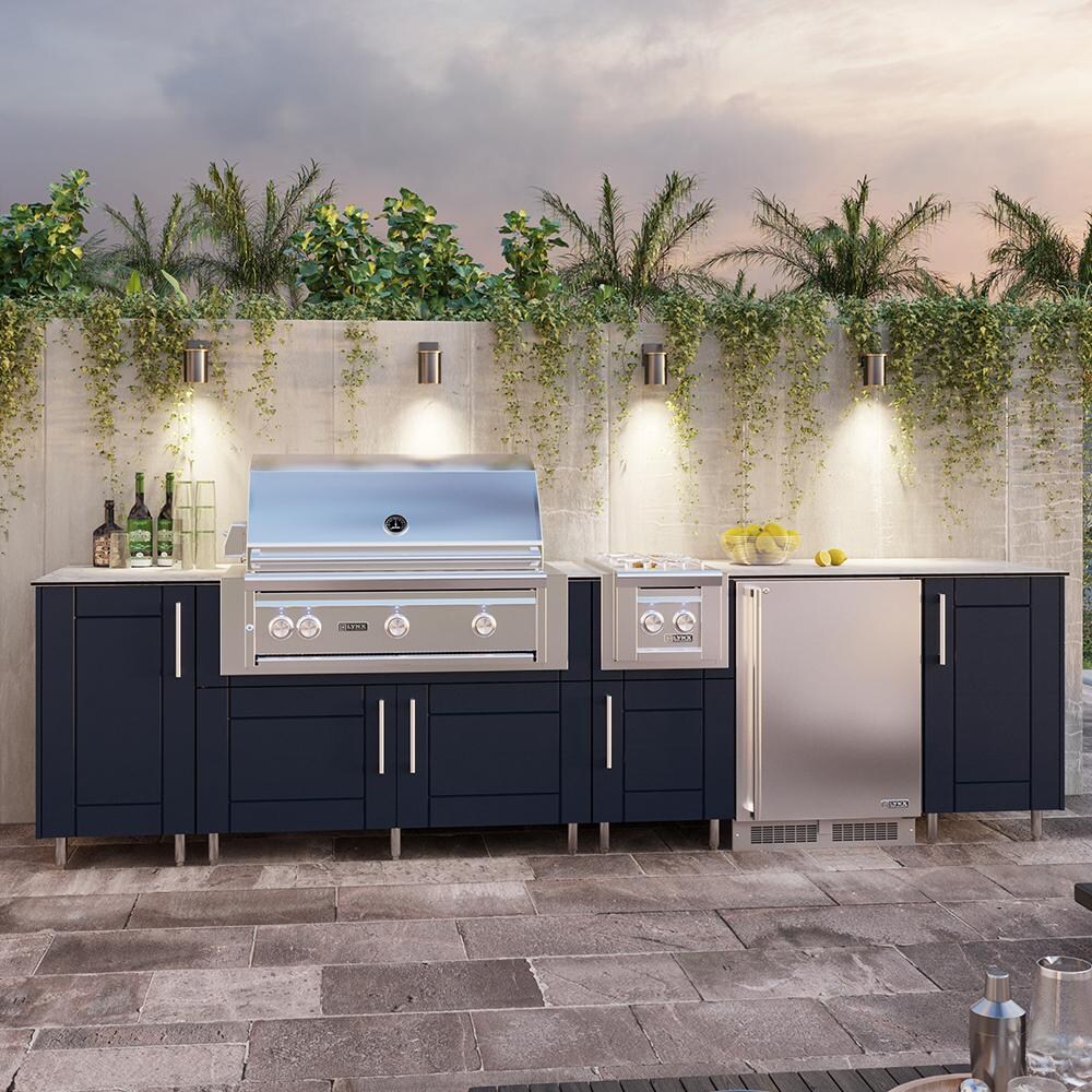 WeatherStrong Nassau 10 1/2 Ft Outdoor Kitchen Island w/ Blaze Propane Grill, Side Burner & Refrigerator in Sapphire Blue/Glacier Frost - On Patio - Lifestyle thumbnail