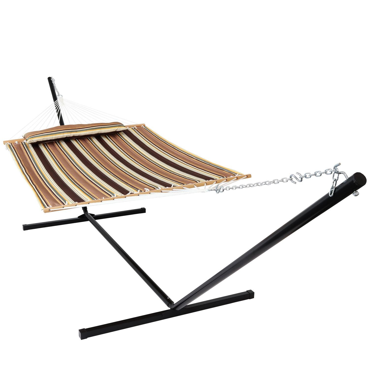 Sunnydaze Decor Quilted Double Hammock & Pillow w/ 15-Foot Black Stand - Sandy Beach - DL-BTFHB-COMBO15 image