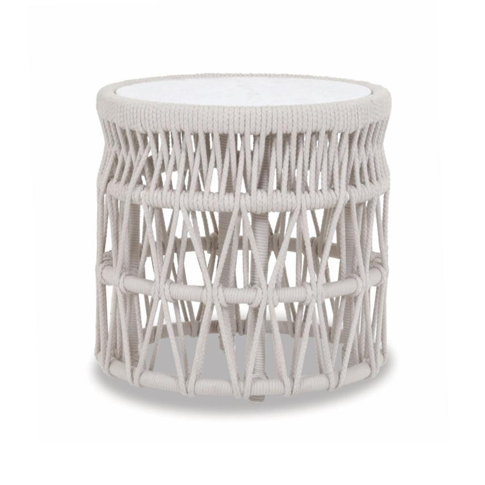Sunset West - Dana 3 Piece Olefin Rope Patio Conversation Set W/ End Table, Ottoman, & Sunbrella Linen Canvas Cushions - Dana 20-Inch Round Patio End Table W/ Honed Carrara Marble Top thumbnail