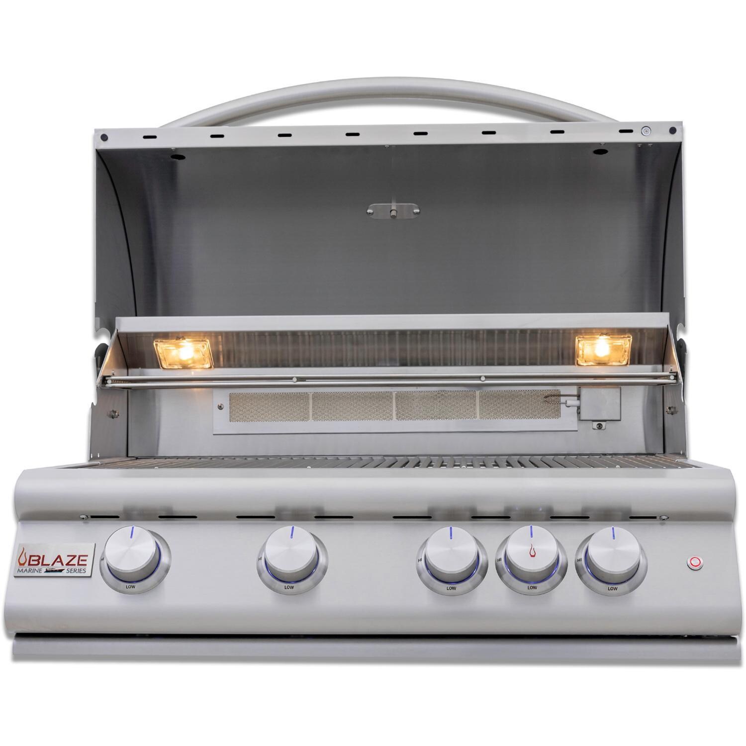 Blaze BLZ-4LTE3MG-LP Premium LTE+ Marine Grade 32-Inch 4-Burner Built-In Propane Grill With Rear Infrared Burner & Lift-Assist Hood - Front View - Open - White Background thumbnail