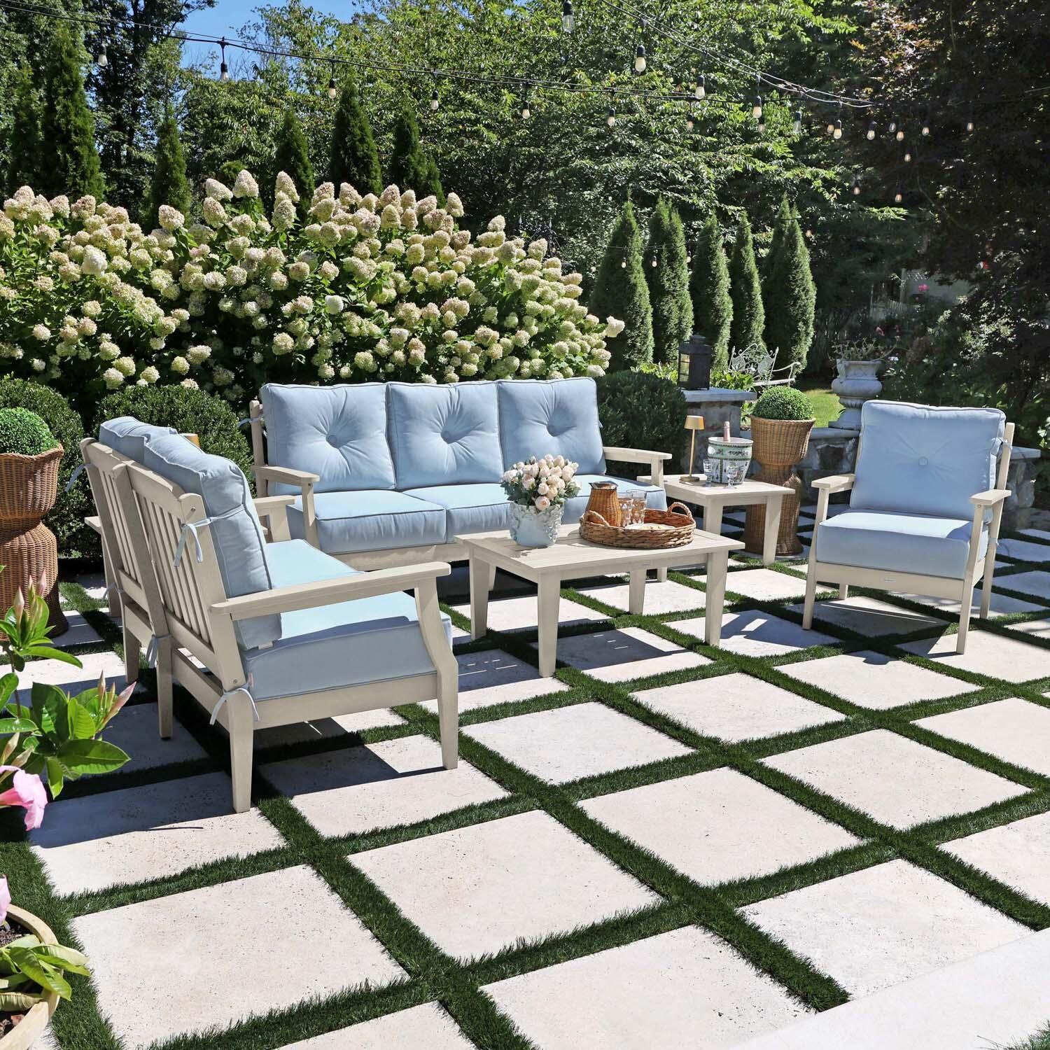 Blushing Bay 6 Pc Recycled Plastic Grand Seating Set in Bliss Dew/Whitewash by Lakeview Outdoor Designs - Left Angled - Lifestyle thumbnail