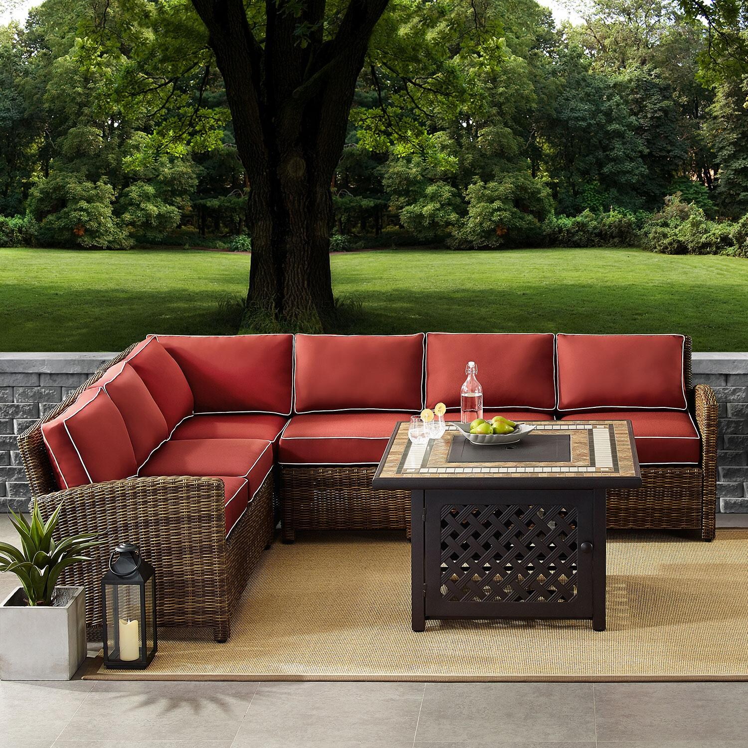 Ultimate Patio UP-92391-SG 5Pc Wicker Outdoor Sectional Set W/ Fire Table in Sangria - On Patio W/ Fire Table Off - Lifestyle thumbnail