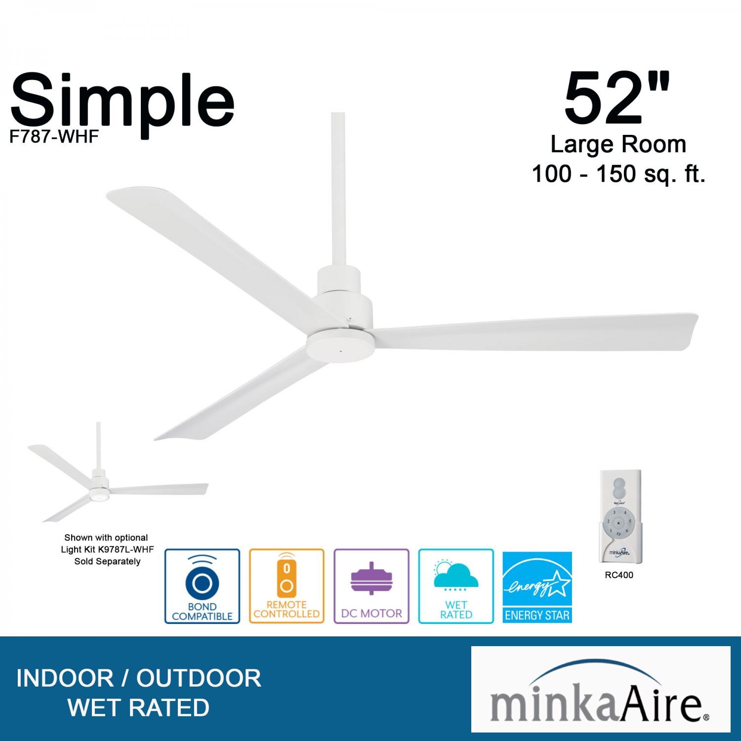 Minka-Aire F787-WHF Simple 52-Inch 3-Blade Ceiling Fan in Flat White Finish w/ Flat White Blades - Overview thumbnail