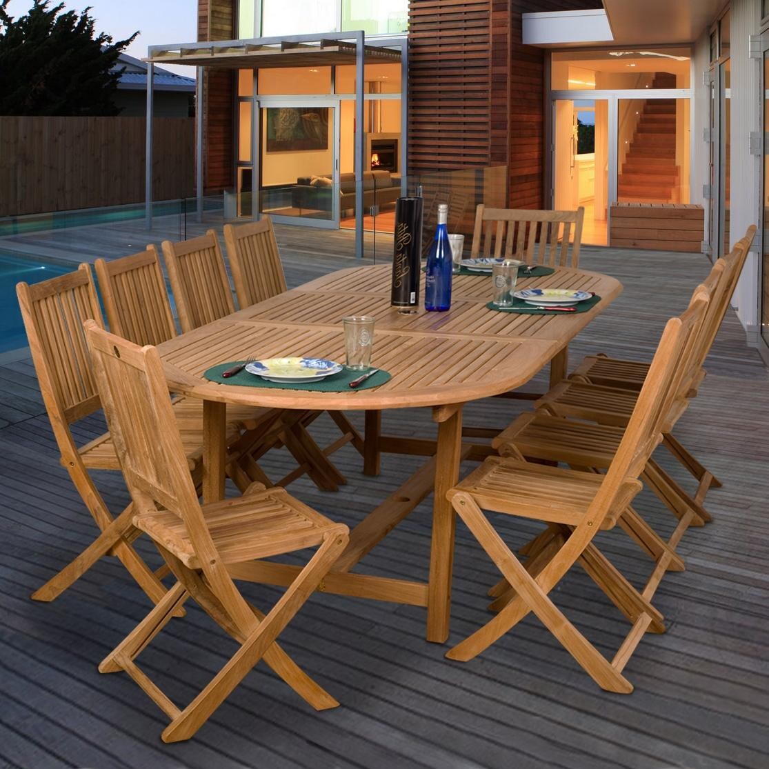 Amazonia Teak Bergen 10-Person Teak Patio Dining Set With Extension Table And Folding Chairs - Brown thumbnail