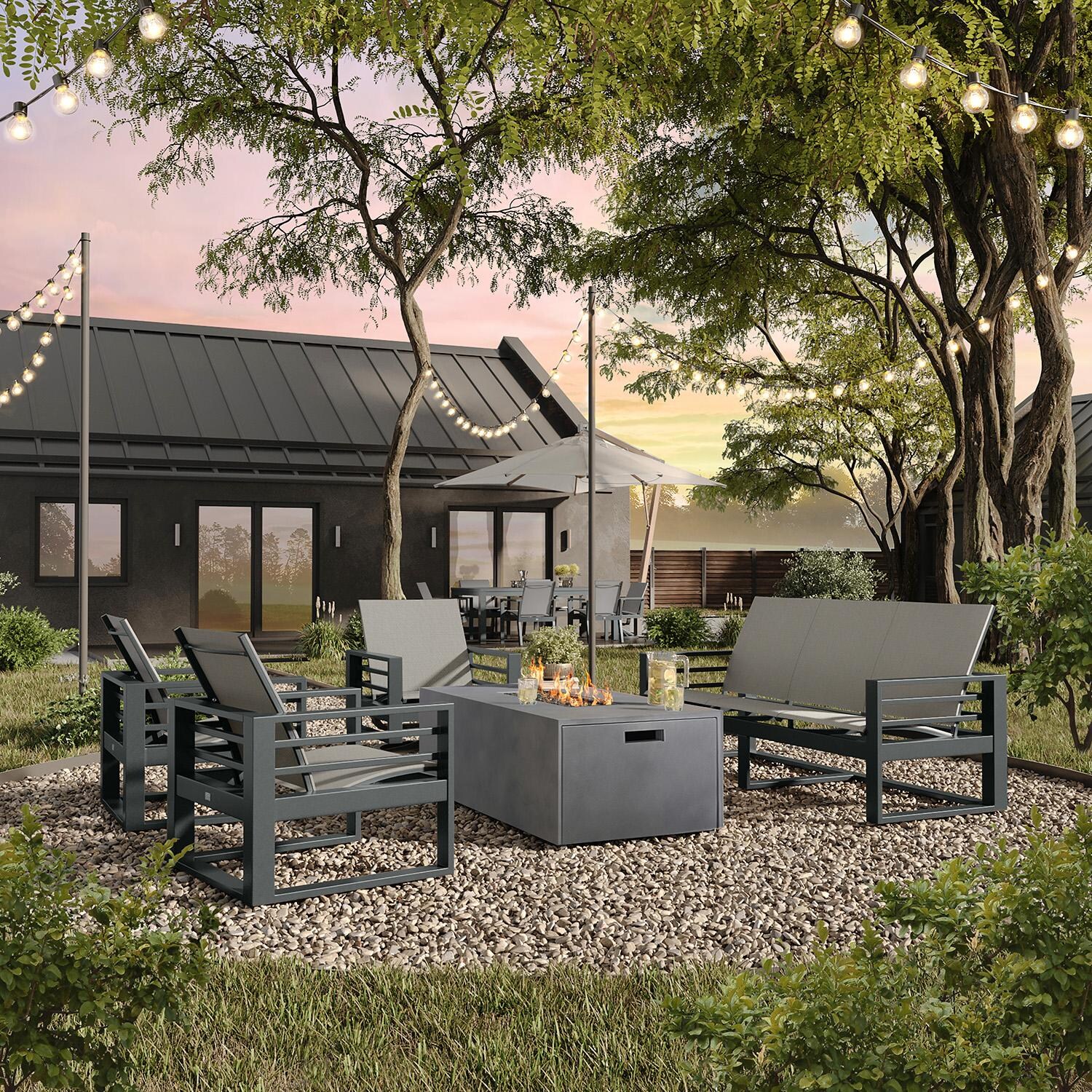 Palermo 5 Pc Aluminum Seating Set W/ Fire Pit in Graphite W/ Harbor Slate Sling By Ebel thumbnail