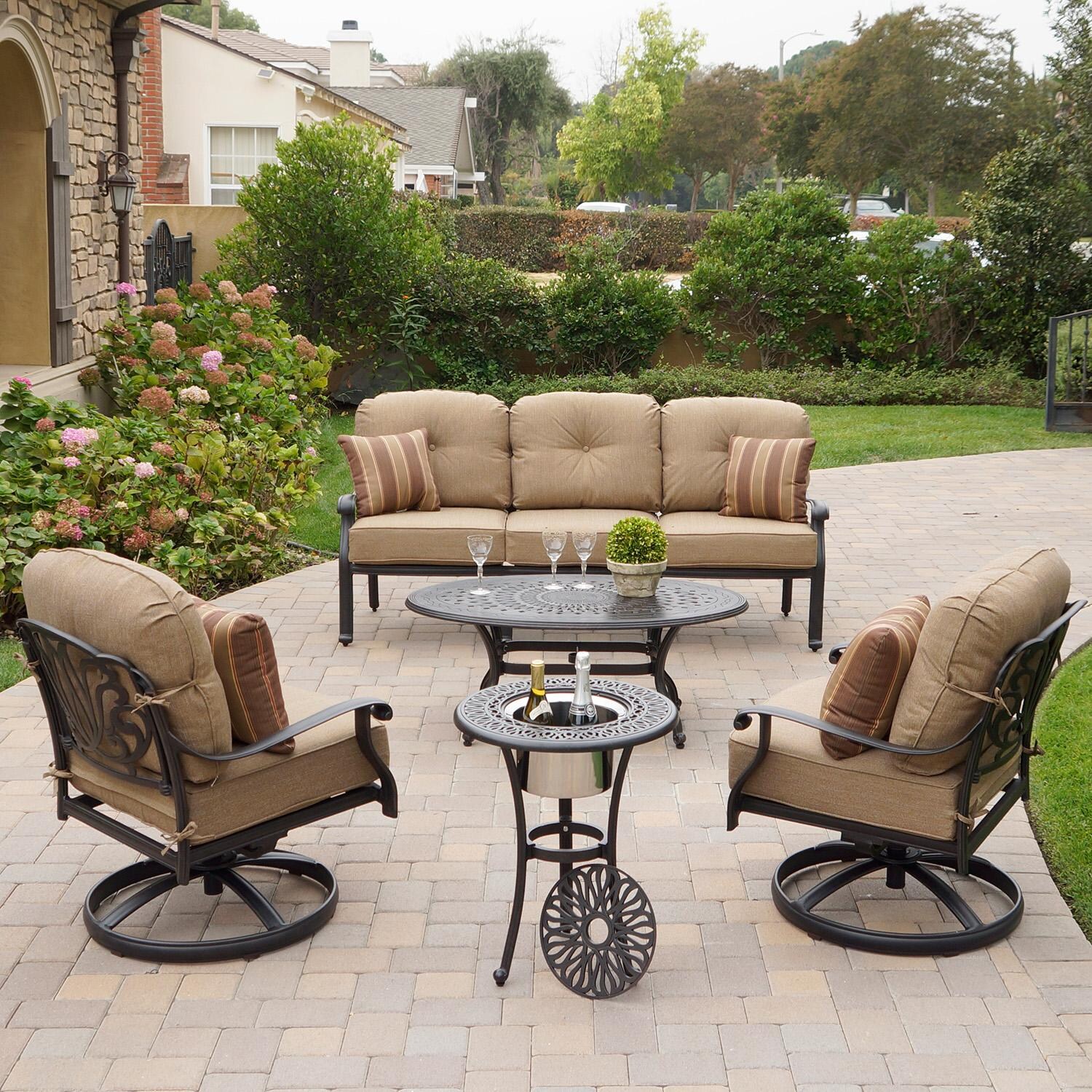 Elisabeth 5 Pc Cast Aluminum Seating Set w/ Coffee Table & End Table in Antique Bronze by Darlee - Lifestyle thumbnail