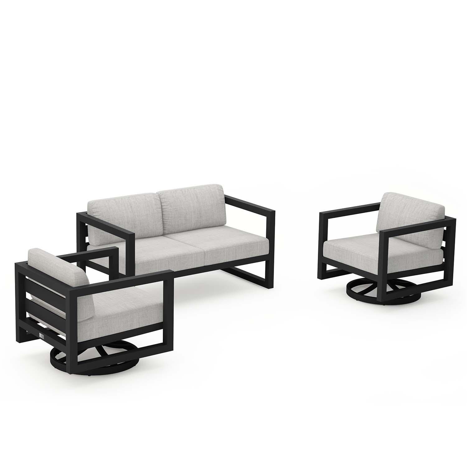 Misty Cove 3 Pc Aluminum Loveseat Seating Set w/ Swivel Chairs in Black/Cast Silver by Lakeview Outdoor Designs - Angled - White Background thumbnail
