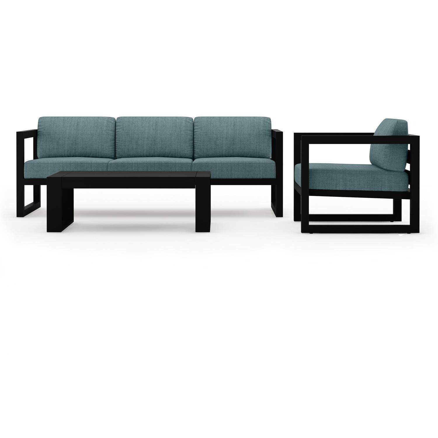 Lakeview MSTYCV-BK-3SS-CL Misty Cove 3 Pc Aluminum Seating Set in Black w/Portal Coffee Table & Cast Lagoon Cushions by Lakeview Outdoor Designs - Set Front View - White Background thumbnail