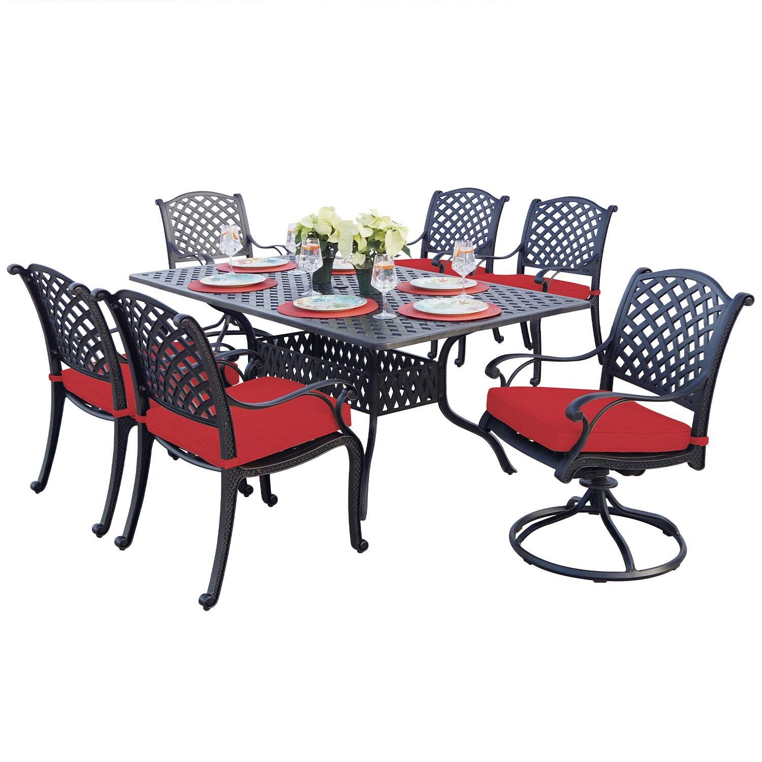 Nassau 7 Pc Cast Aluminum Patio Dining Set W/ 2 Swivel Rockers & Red Cushions By Darlee - Display - White Background thumbnail