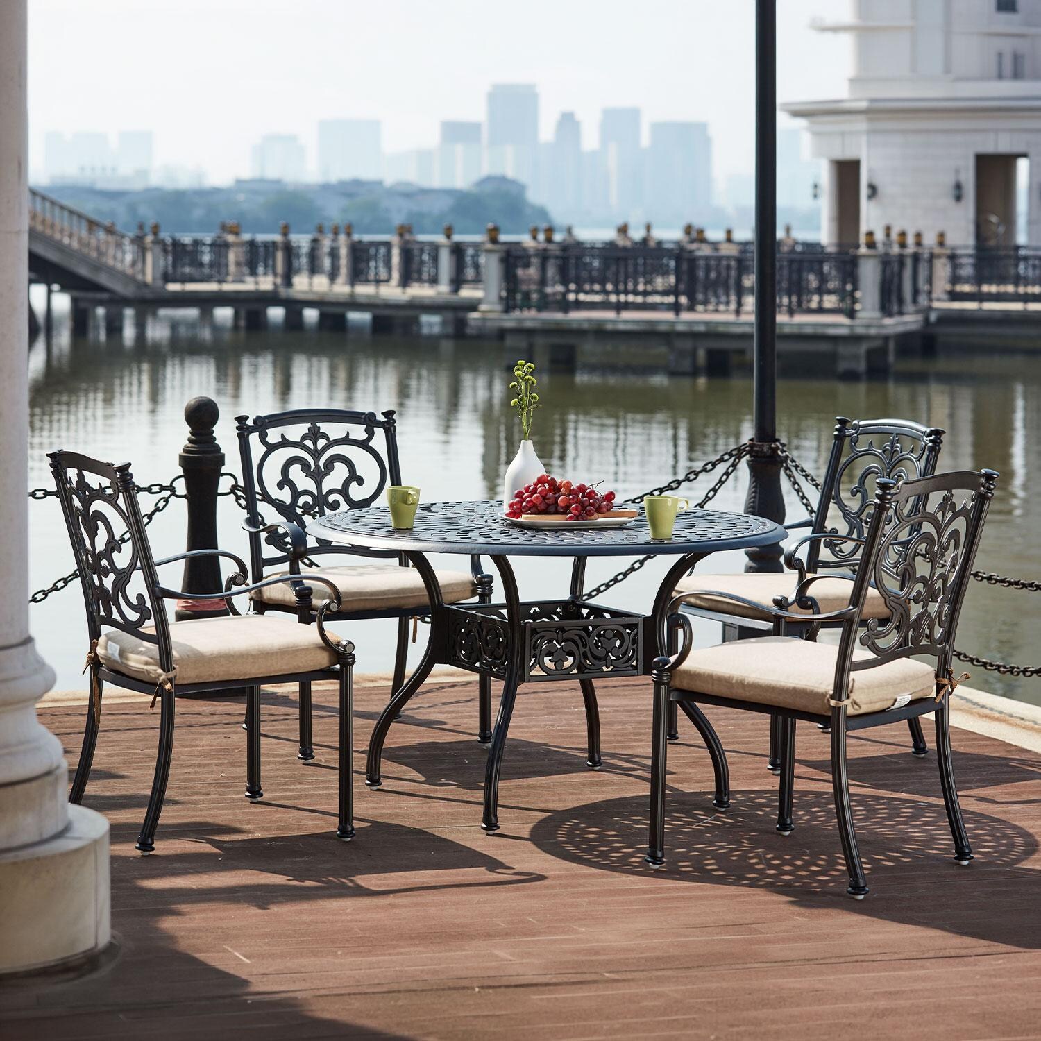 Santa Barbara 5 Pc Cast Aluminum Dining Set w/ 48 Inch Round Series 60 Table in Antique Bronze/Beige Canvas by Darlee