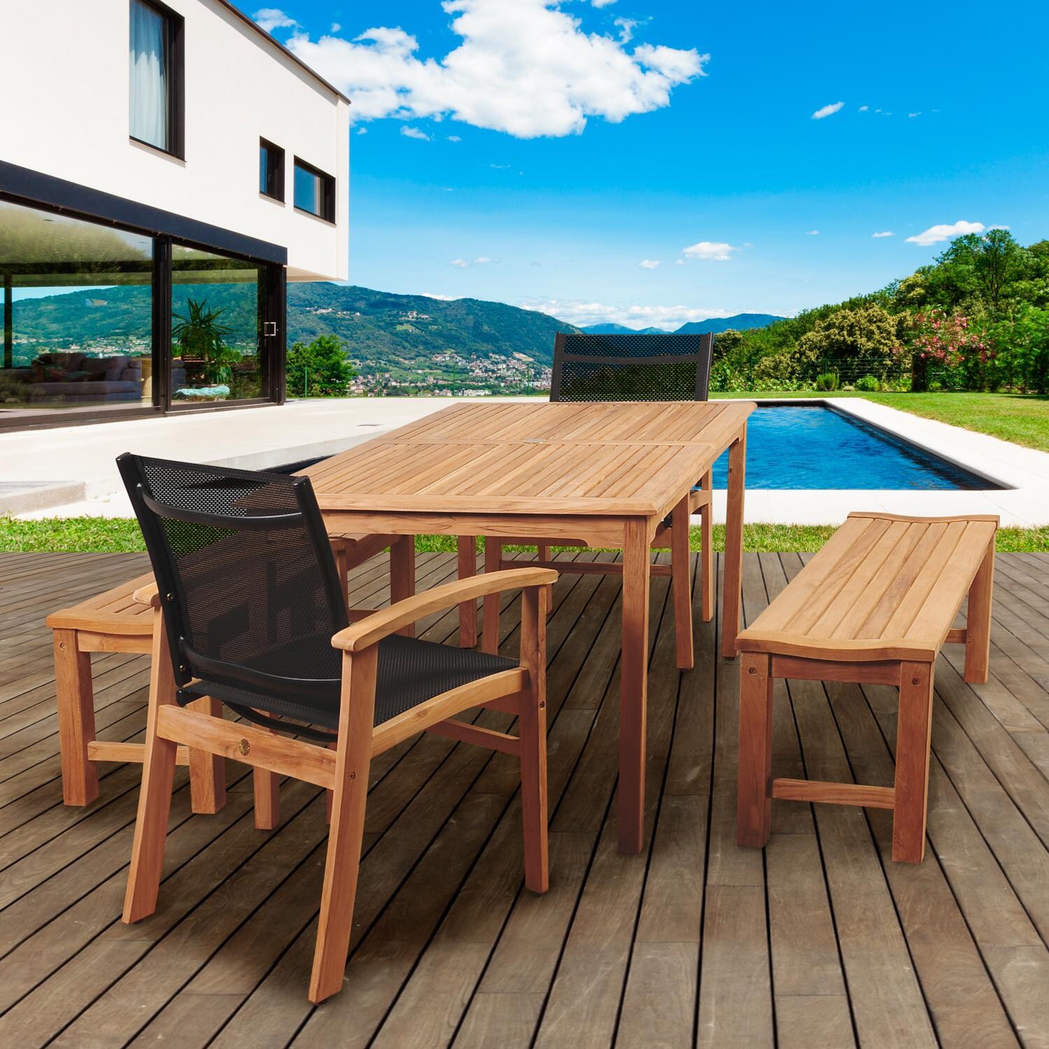 Amazonia Gloucester 6-Person Sling Patio Dining Set With Teak Table