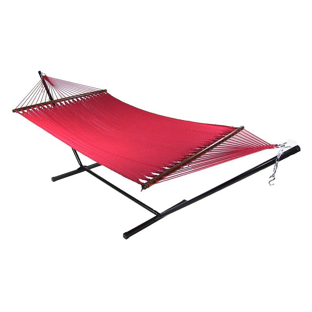 Ultimate Patio Soft-Spun Woven Rope Double Hammock w/ 15-Foot Black Stand - Red thumbnail