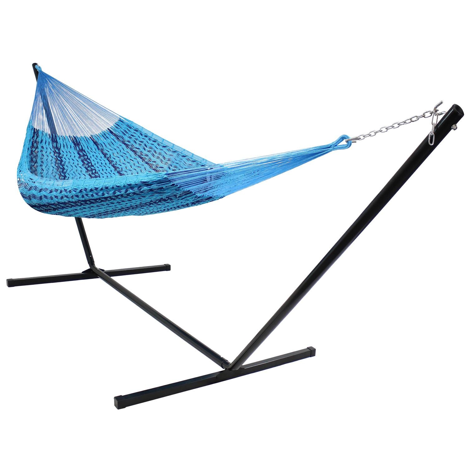 Sunnydaze Decor XXL Thick Cord Handwoven Family-Sized Mayan Hammock w/ 15-Foot Black Stand - Blue - HM24BLU-COMBO image